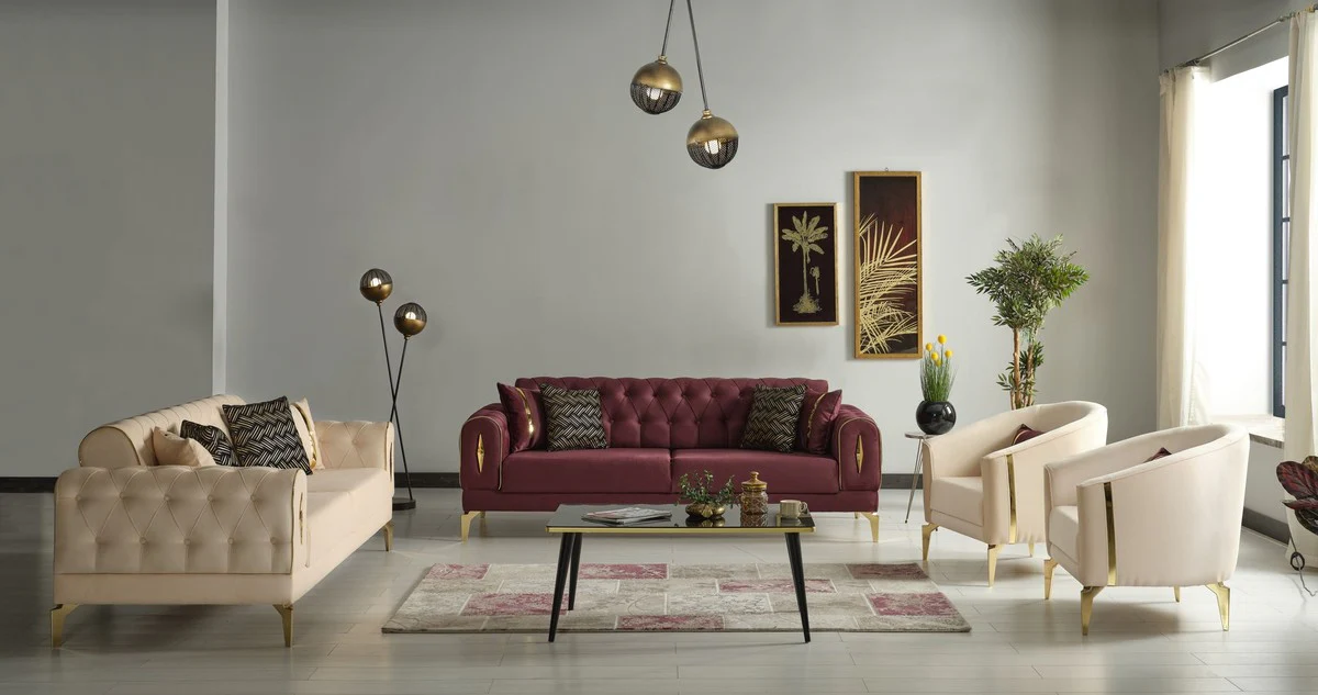 Luxury sofa bed beige / gold 225 x 95 x H. 83 cm - Living room sofa with 4 cushions - Luxury living room furniture