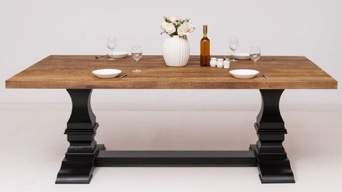 Country house style dining table brown / black 220 x 120 x H. 78 cm - Rectangular solid wood kitchen table - Country house style solid wood dining room furniture