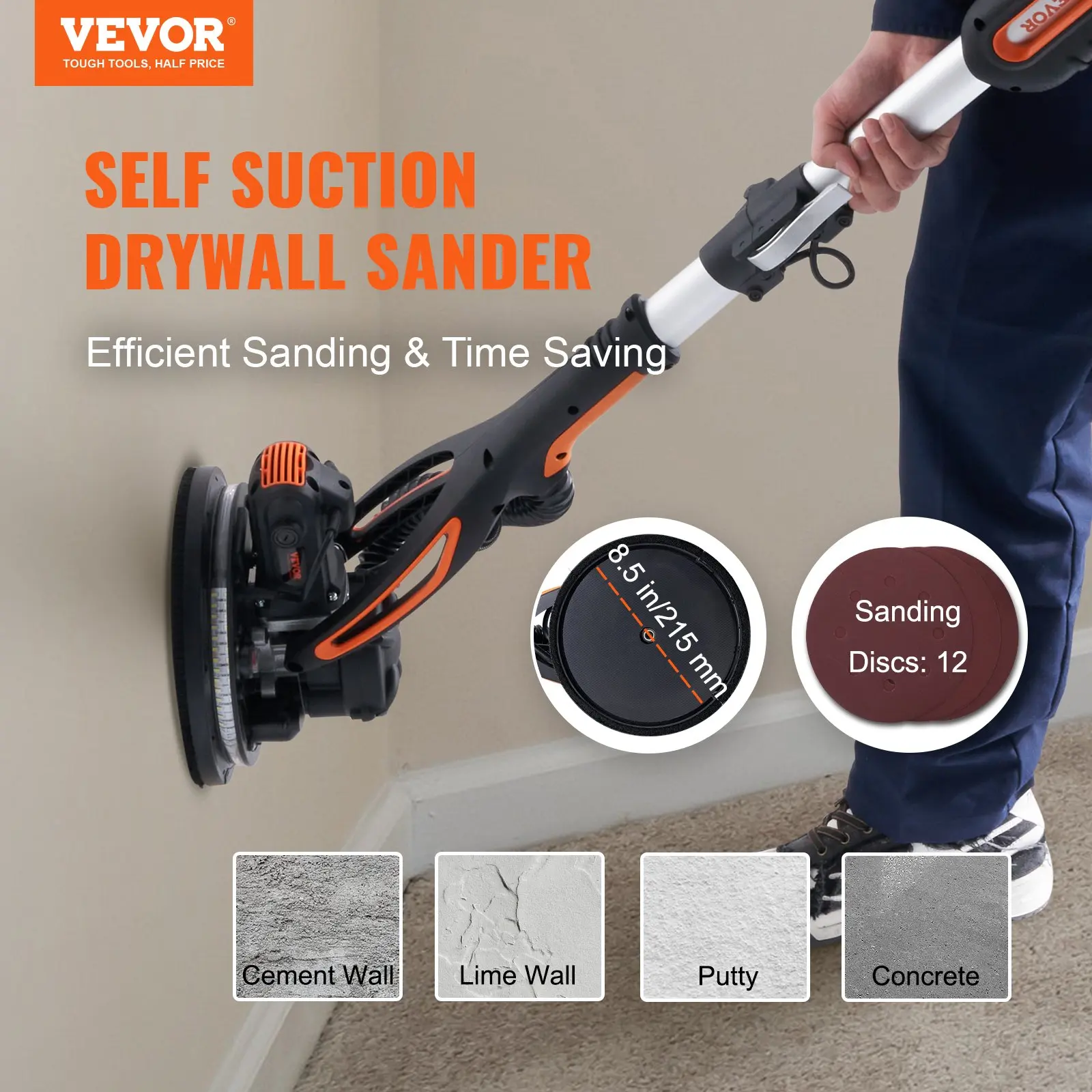【Summerfinds】VEVOR Electric Drywall Sander Tool Kit, Portable Random Orbital Polisher with Variable Speed, Foldable Handle, Self-Suction, LED Strip Light & Vacuum Bag, Construction Work Tools