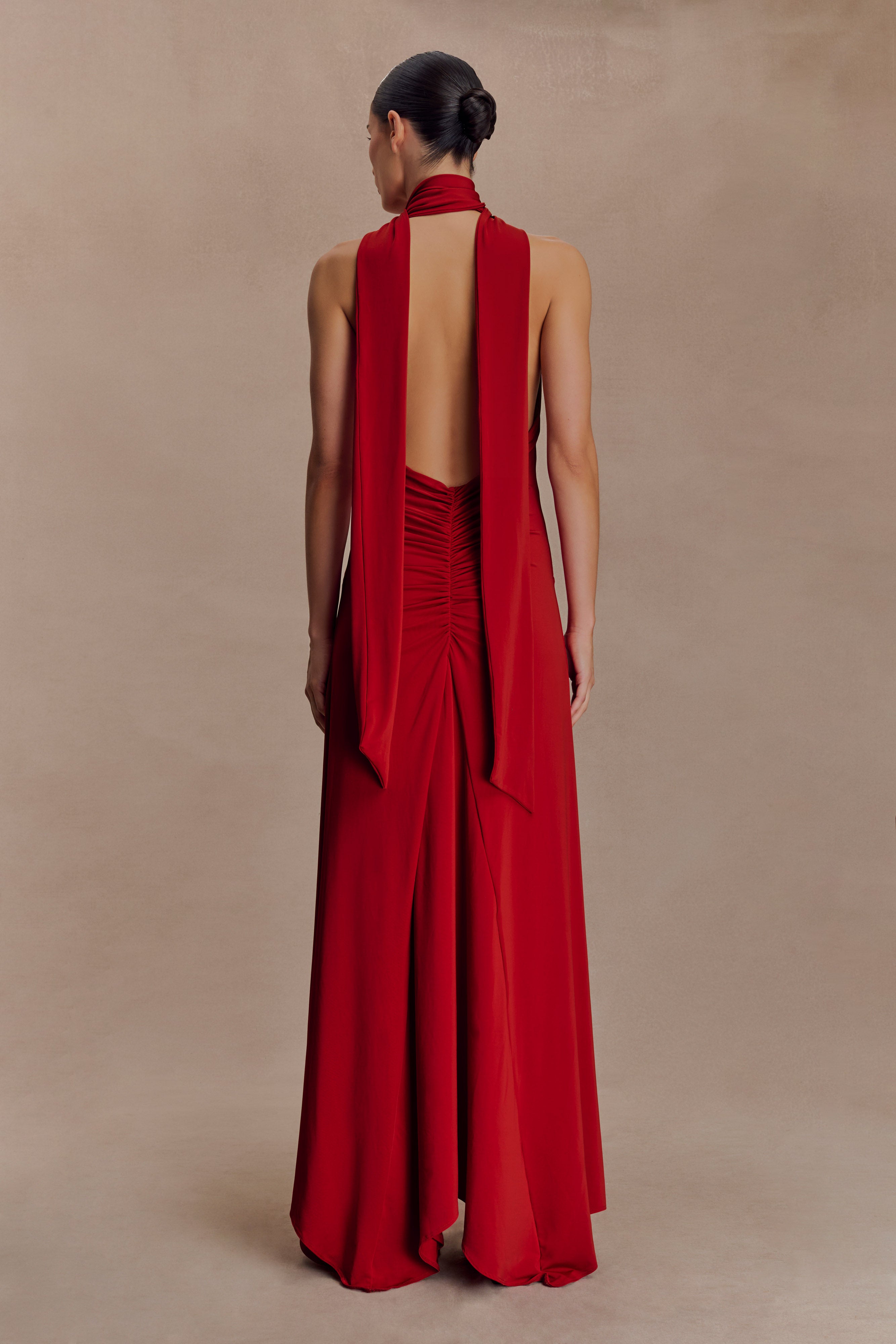 Juliet Slinky Maxi Dress With Scarf - Ruby