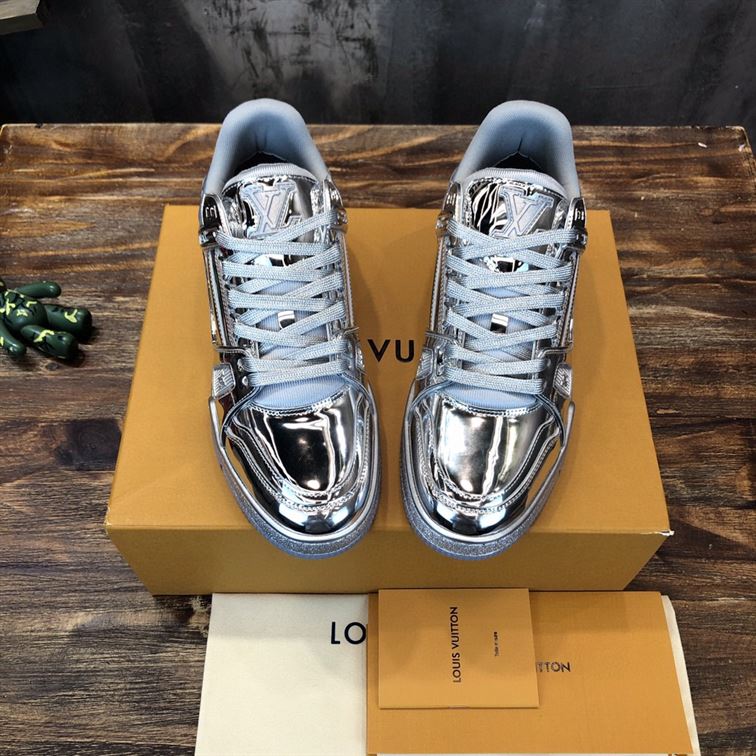 LOUIS VUITTON TRAINER SNEAKERS IN SILVER METALLIC CANVAS   LVS035 - Sneaker Replica Workshop