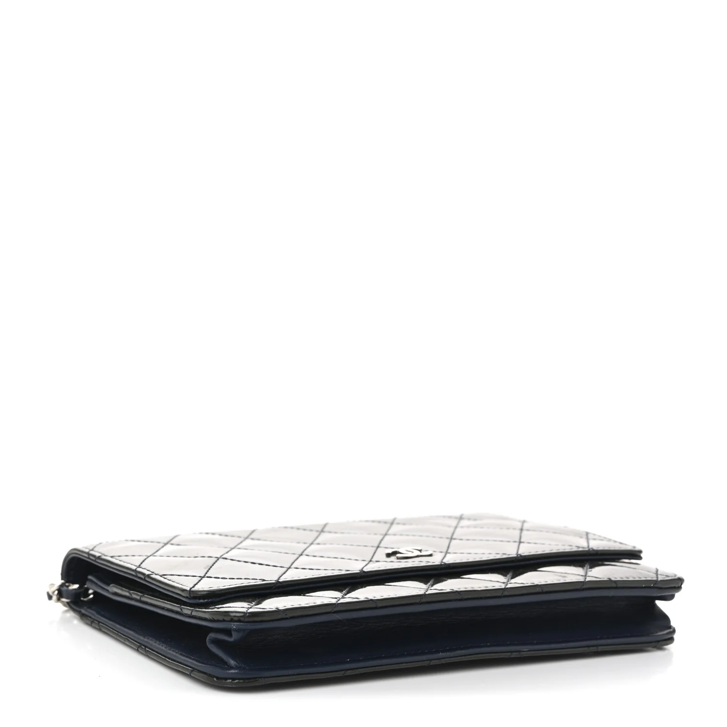 Patent Quilted Wallet On Chain WOC Navy Blue - Top Club