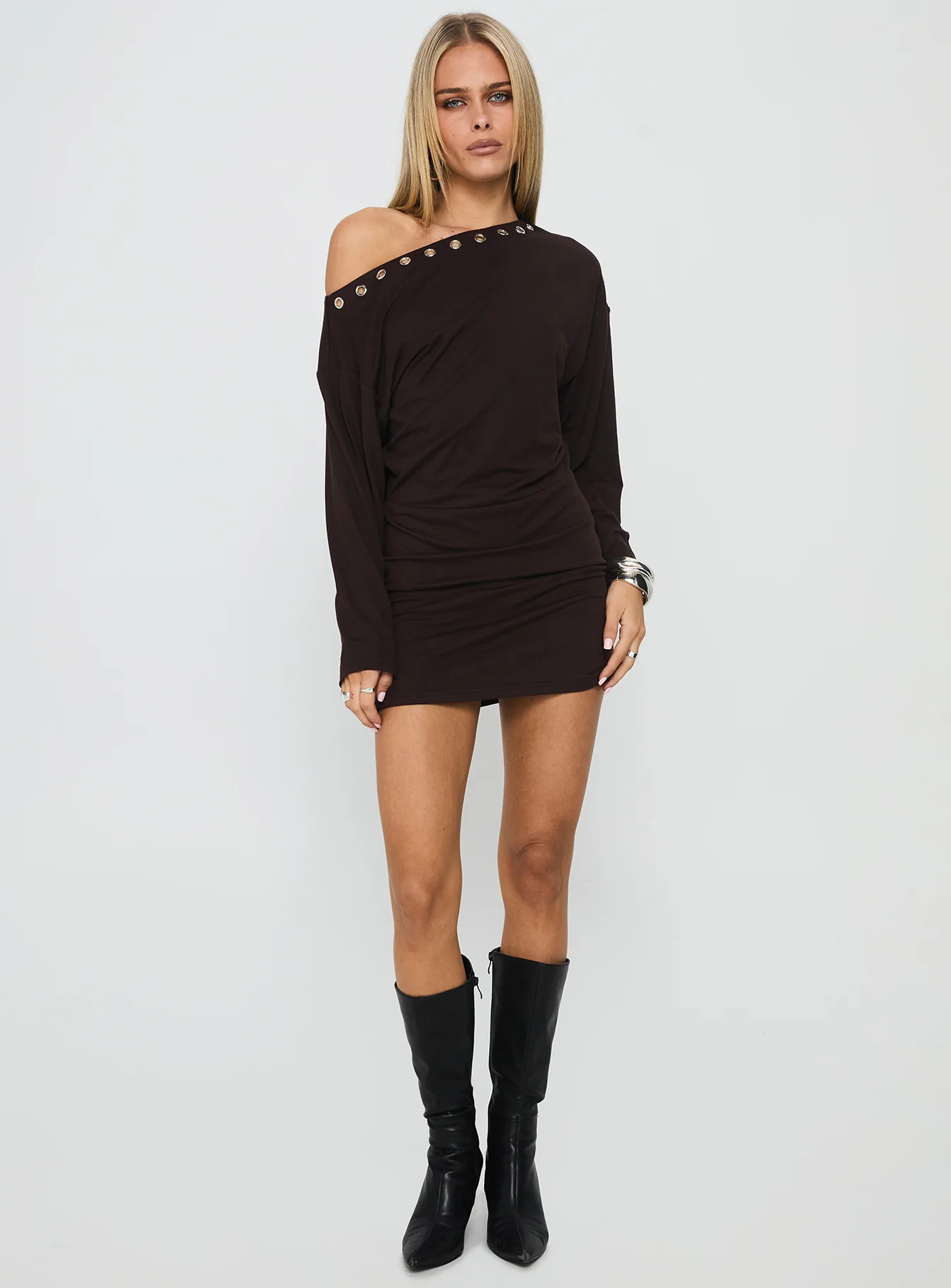 Sakaia Long Sleeve Eyelet Mini Dress Brown