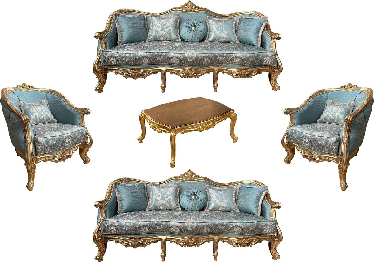 Luxury Baroque Living Room Set Turquoise Pattern / Gold - 2 Baroque Sofas & 2 Baroque Armchairs & 1 Baroque Coffee Table - Luxury Living Room Furniture in Baroque Style - Baroque Furniture - Noble & Magnificent