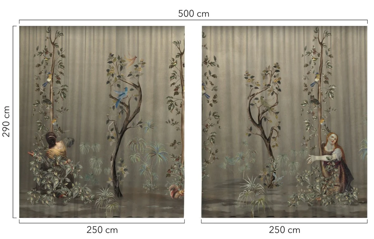 Luxury curtain set women in the garden gray / multicolored 250 x H. 290 cm - Printed linen & velvet curtains - Eyelet curtains - Sliding curtains - Luxury collection