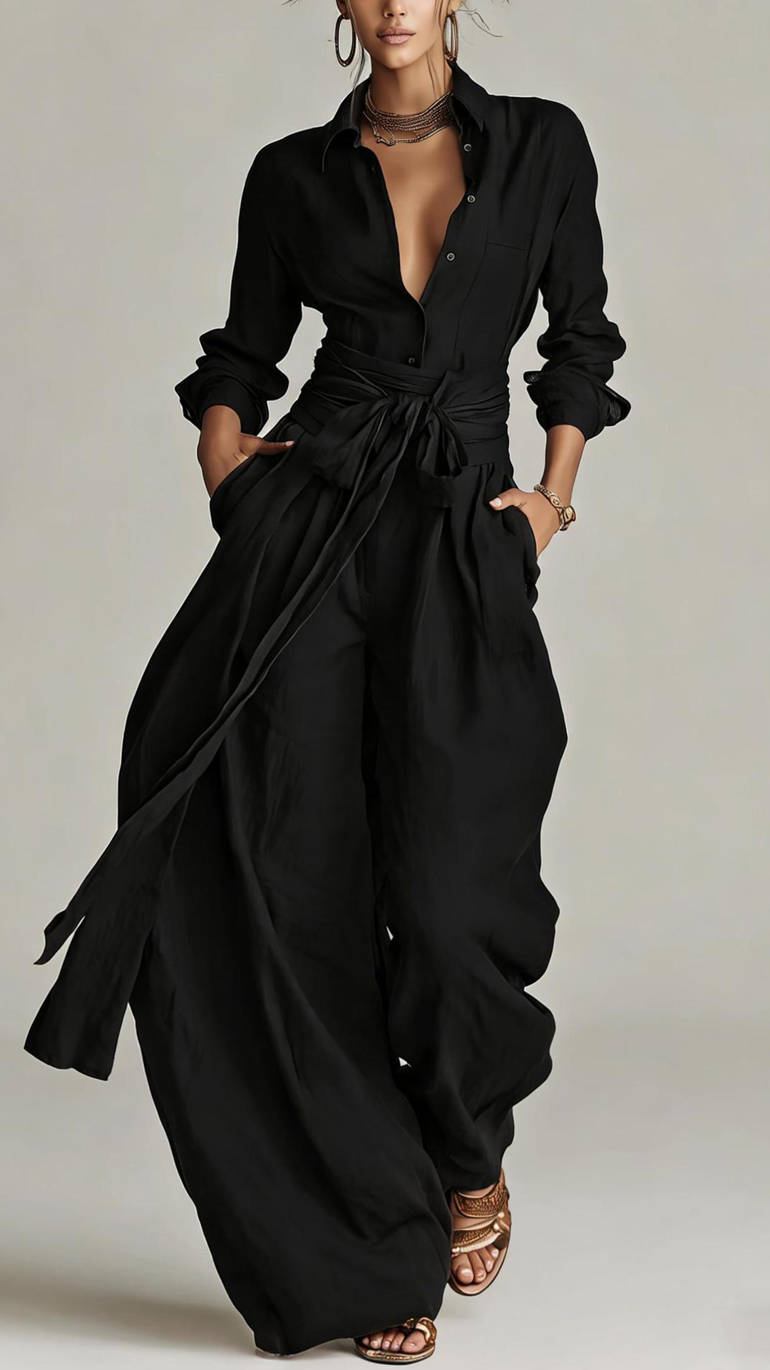 Women's  Cotton-Linen Shirt & Wide-Leg Pants Set with Belt - Nordfashionstorm - Women's Clothing, Fashion for You - Nordfashionstorm.com