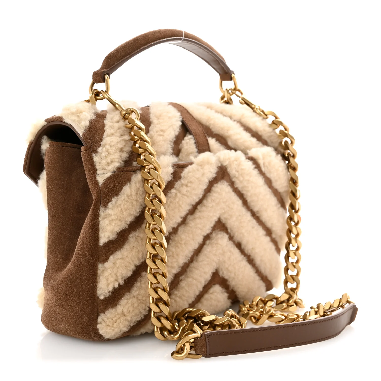 Nubuck Shearling Chevron Monogram Medium College Bag Dark Cigar Natural Beige - Top Club
