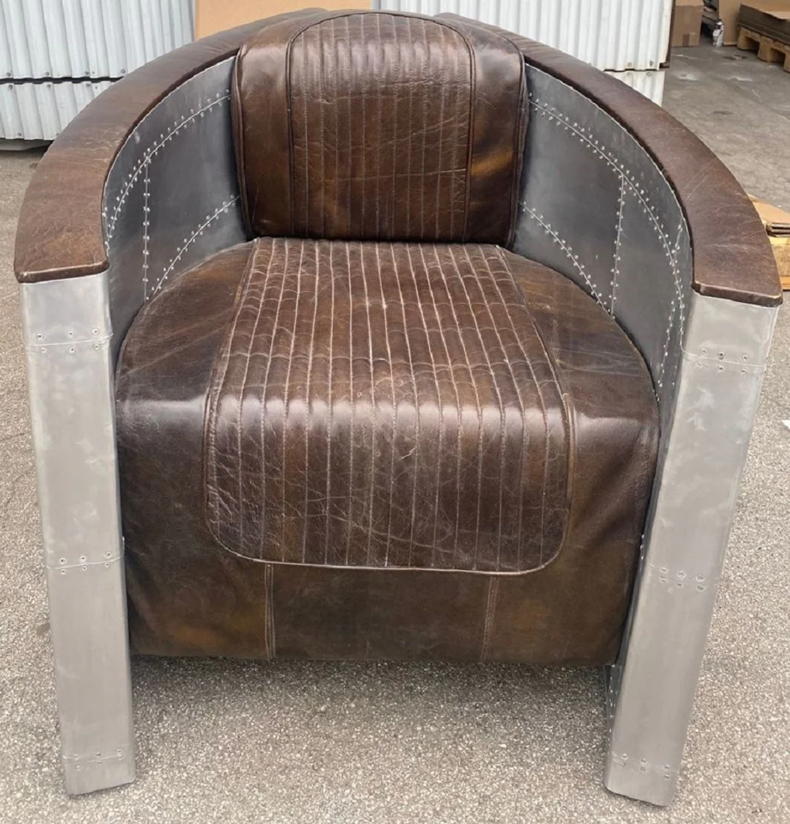 Luxury Art Deco leather armchair vintage dark brown / silver - aluminum living room armchair with high-quality genuine leather - lounge armchair - airplane aviator genuine leather furniture