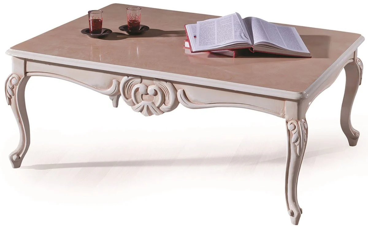 Luxury baroque coffee table cream / beige 90 x 70 x H. 50 cm - Elegant living room table with glass top - Living room furniture in the baroque style