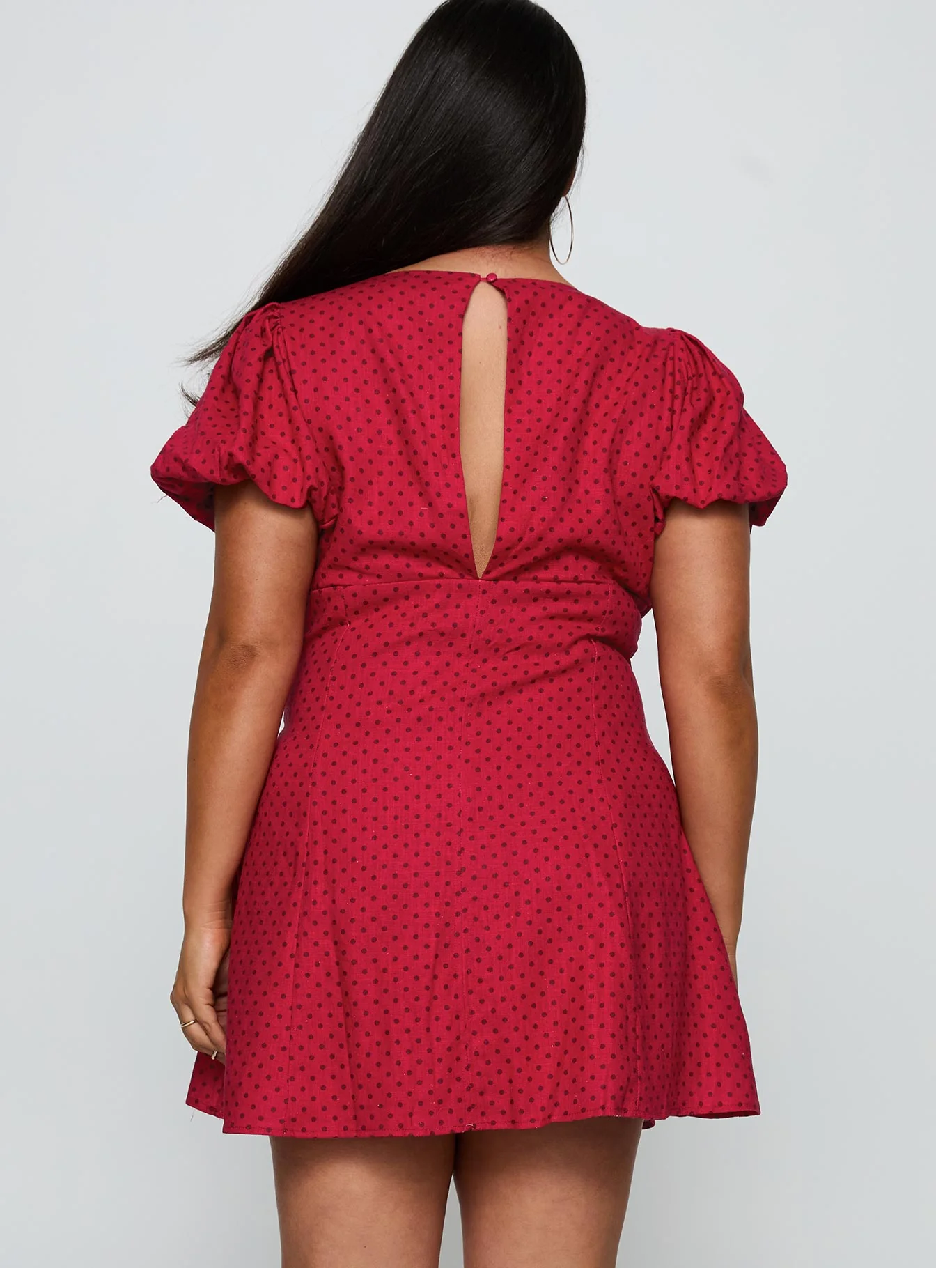 Beloved Puff Sleeve Linen Blend Mini Dress Red Polka Curve