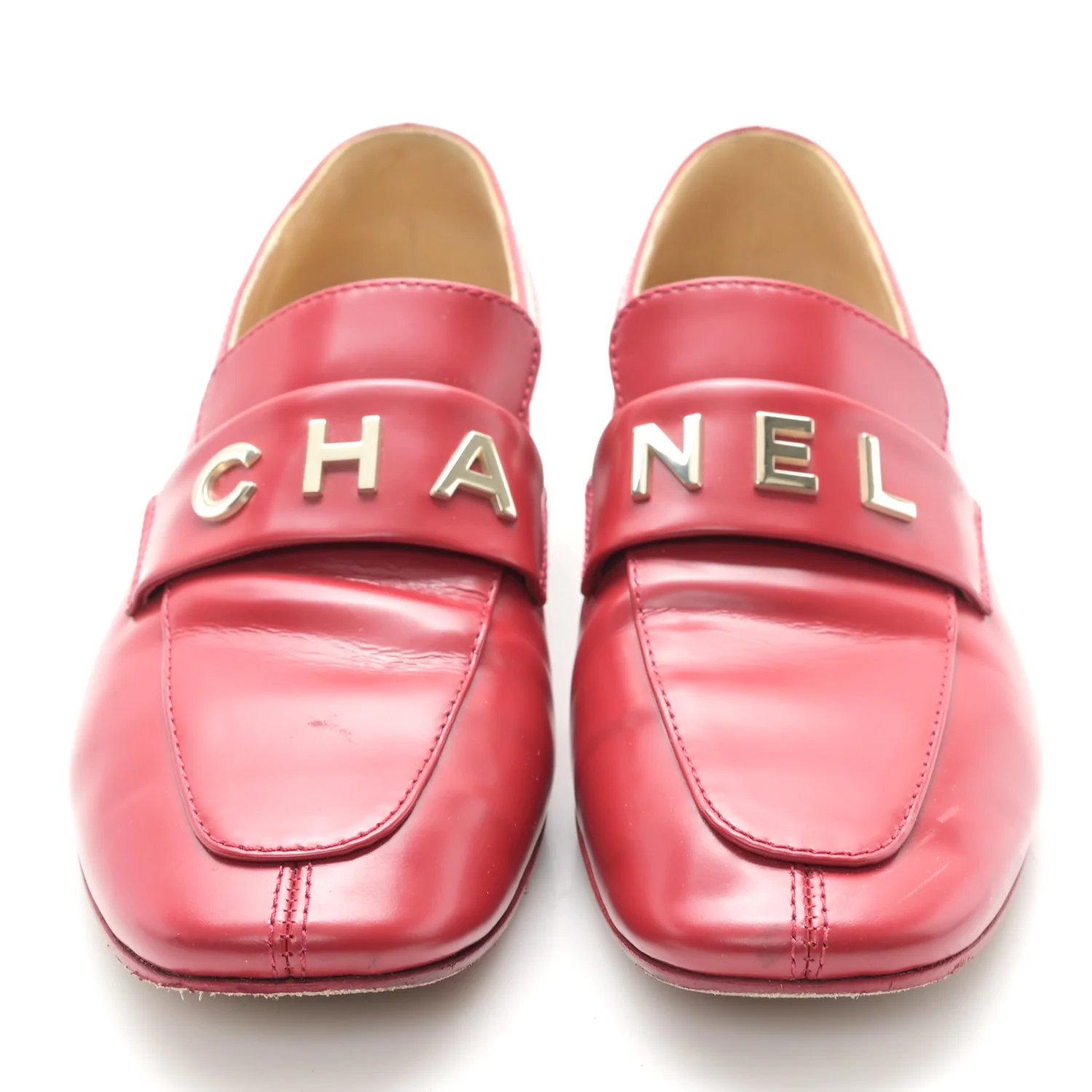 Shiny Calfskin Logo Loafers 36.5 Red - Top Club