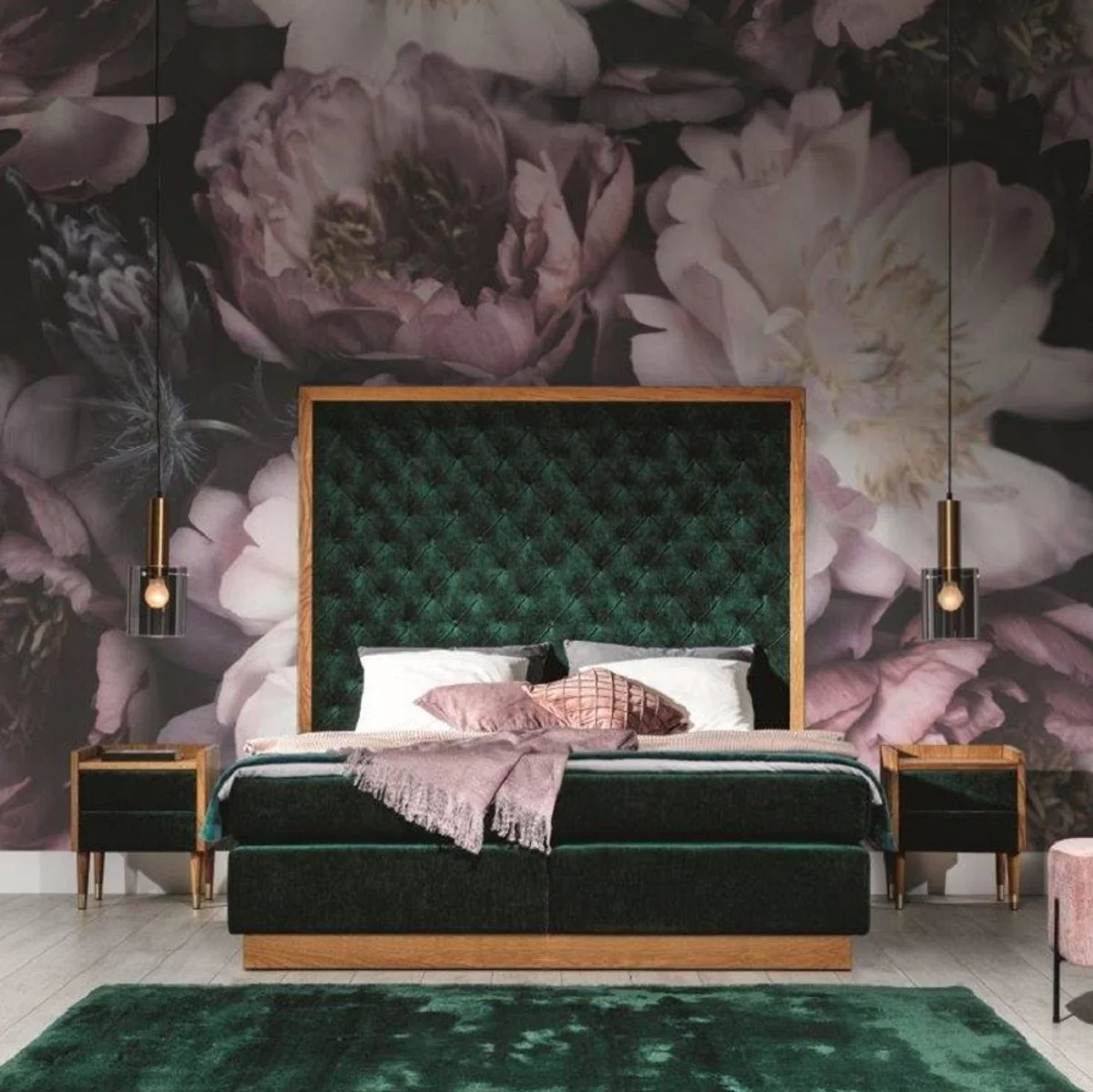 Luxury double bed dark green / natural colors - Various sizes - Modern solid wood bed with headboard - Modern bedroom furniture - Luxury collection