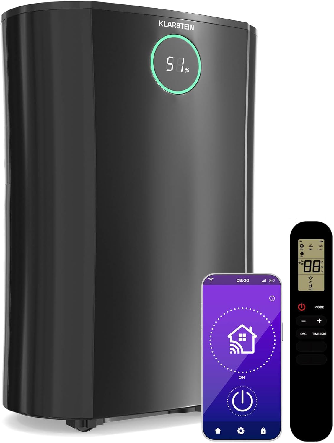KLARSTEIN DryFy ProConnect 16L - Deumidificatore, WiFi, 285W, Serbatoio da 2,5L, 16L/Giorno, Filtro a Carboni Attivi, Timer 24 Ore, Silenzioso, per Casa, Bagno, Camera da Letto, Muffa, umidità, Nero