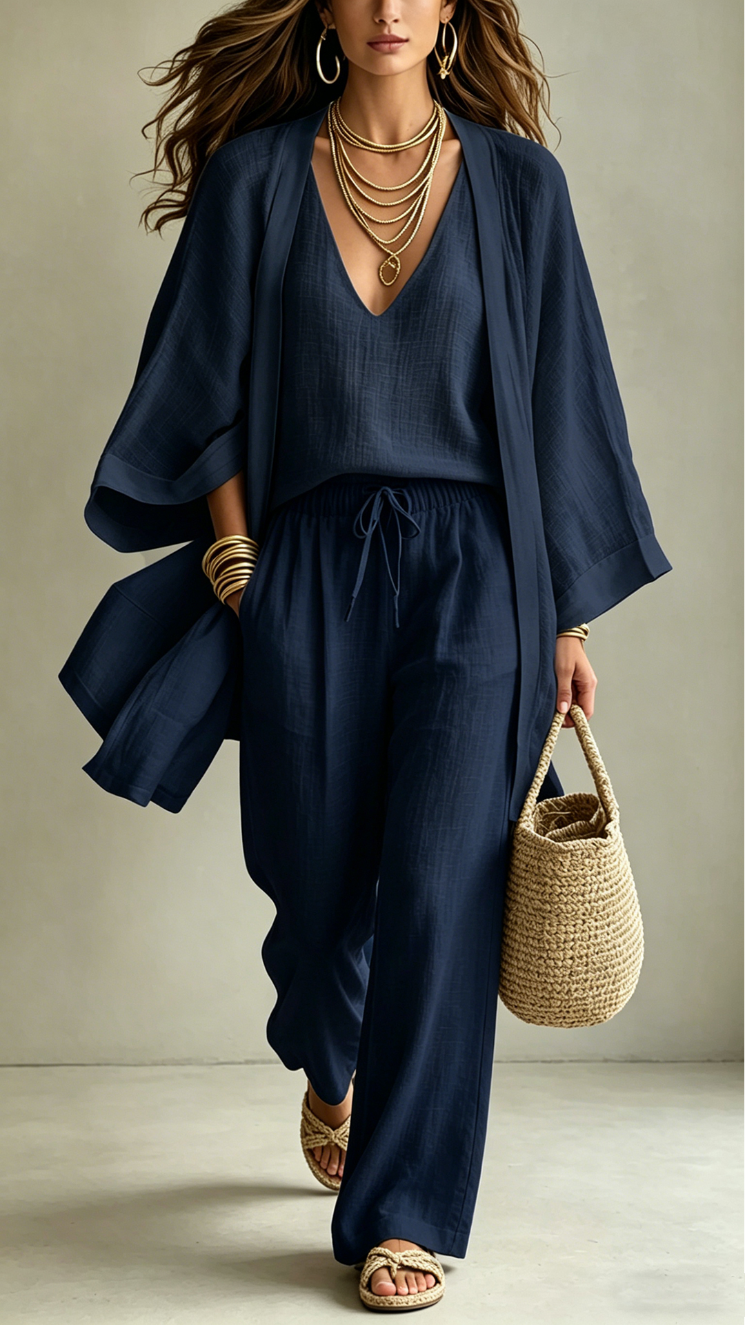 Women's  Linen-Blend Three-Piece Set(Kimono + Tank + Pants) - Nordfashionstorm - Women's Clothing, Fashion for You - Nordfashionstorm.com