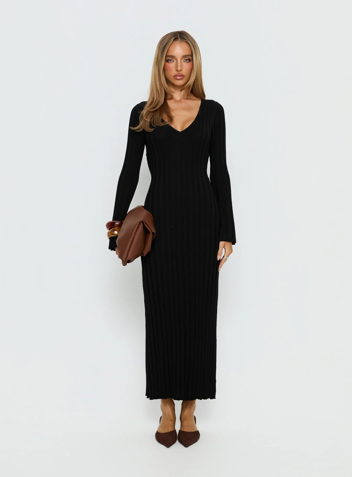 Gratuita Long Sleeve Rib Maxi Dress Black