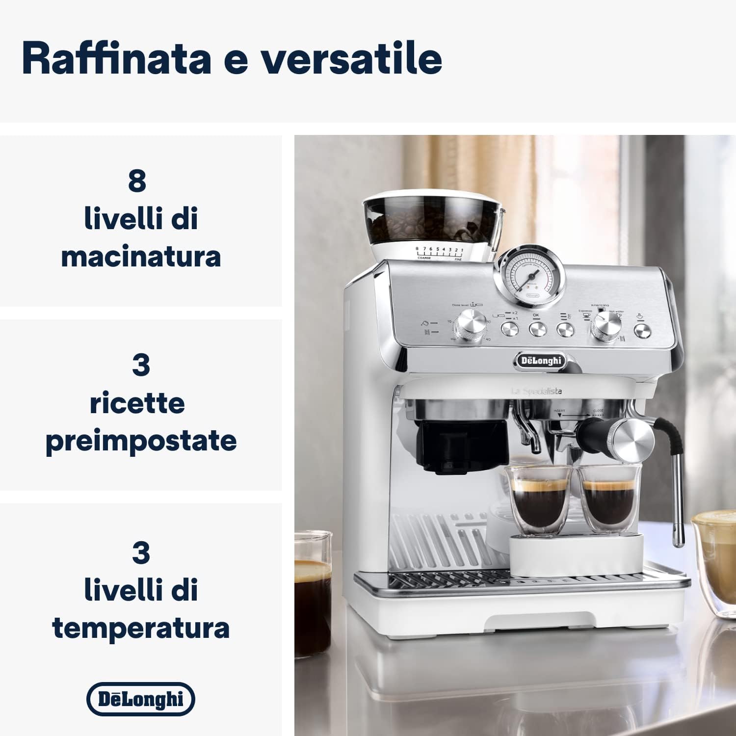 LA SPECIALISTA ARTE EC9155.W Macchina da caffè Manuale, 3 Ricette Preimpostate, Controllo Attivo a Temperatura, 8 Livelli di Macinazione, Lancia MyLatte Art, incluso KIT BARISTA, Bianco