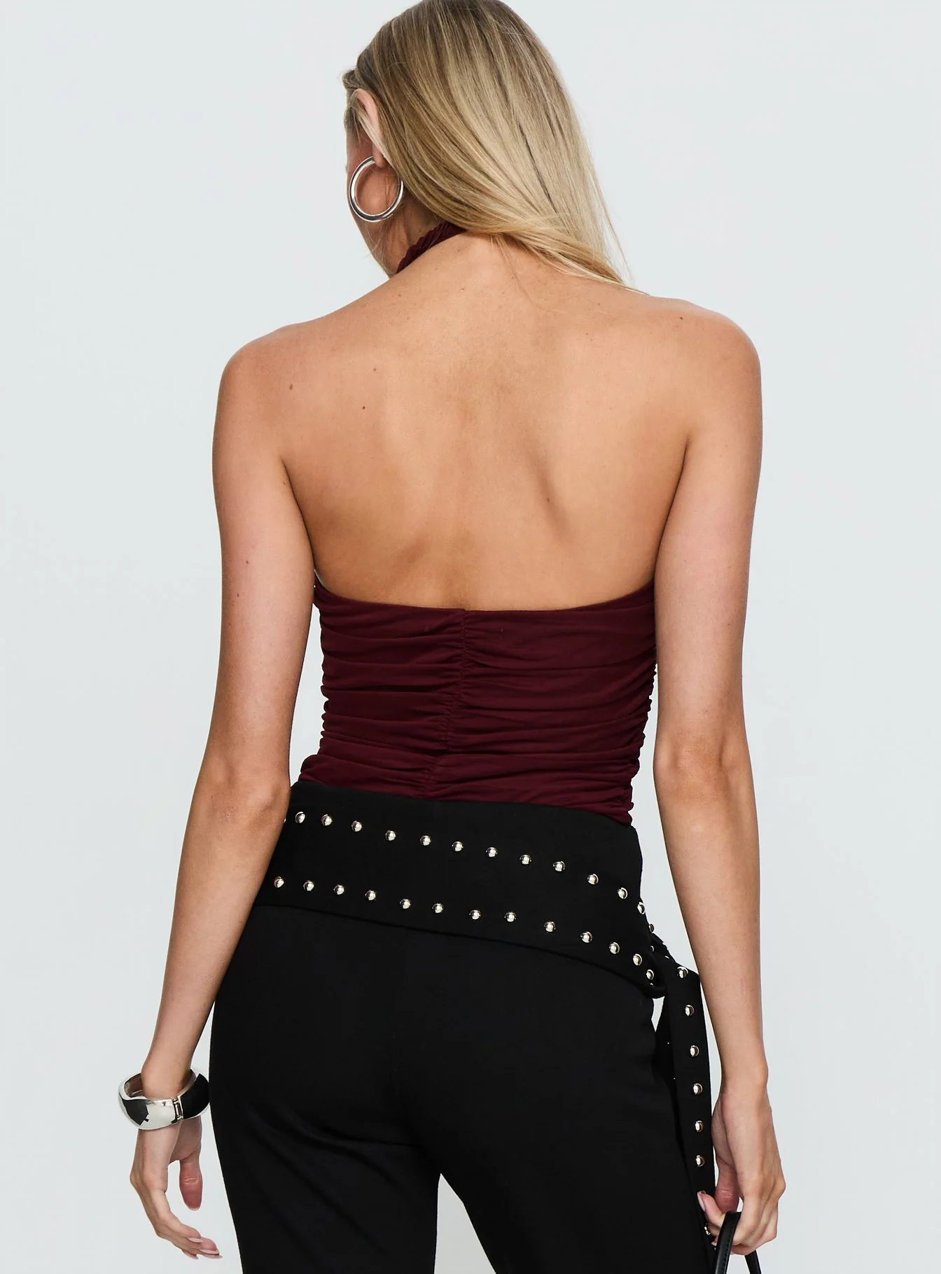 Eye Candy Ruched Bodysuit Burgundy