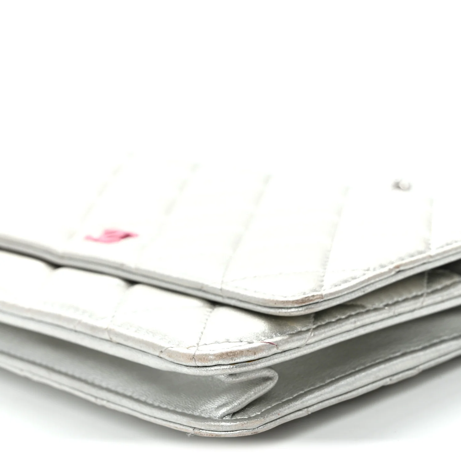 Metallic Lambskin Quilted Wallet On Chain WOC Silver - Top Club