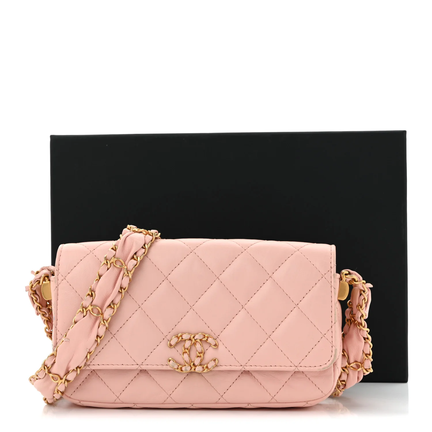 Crumpled Calfskin Quilted Braided CC Mini Flap Light Pink - Top Club