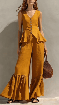 Women's V-Neck Button-Front Top & Linen Ruffled Wide-Leg Pants - Nordfashionstorm - Women's Clothing, Fashion for You - Nordfashionstorm.com