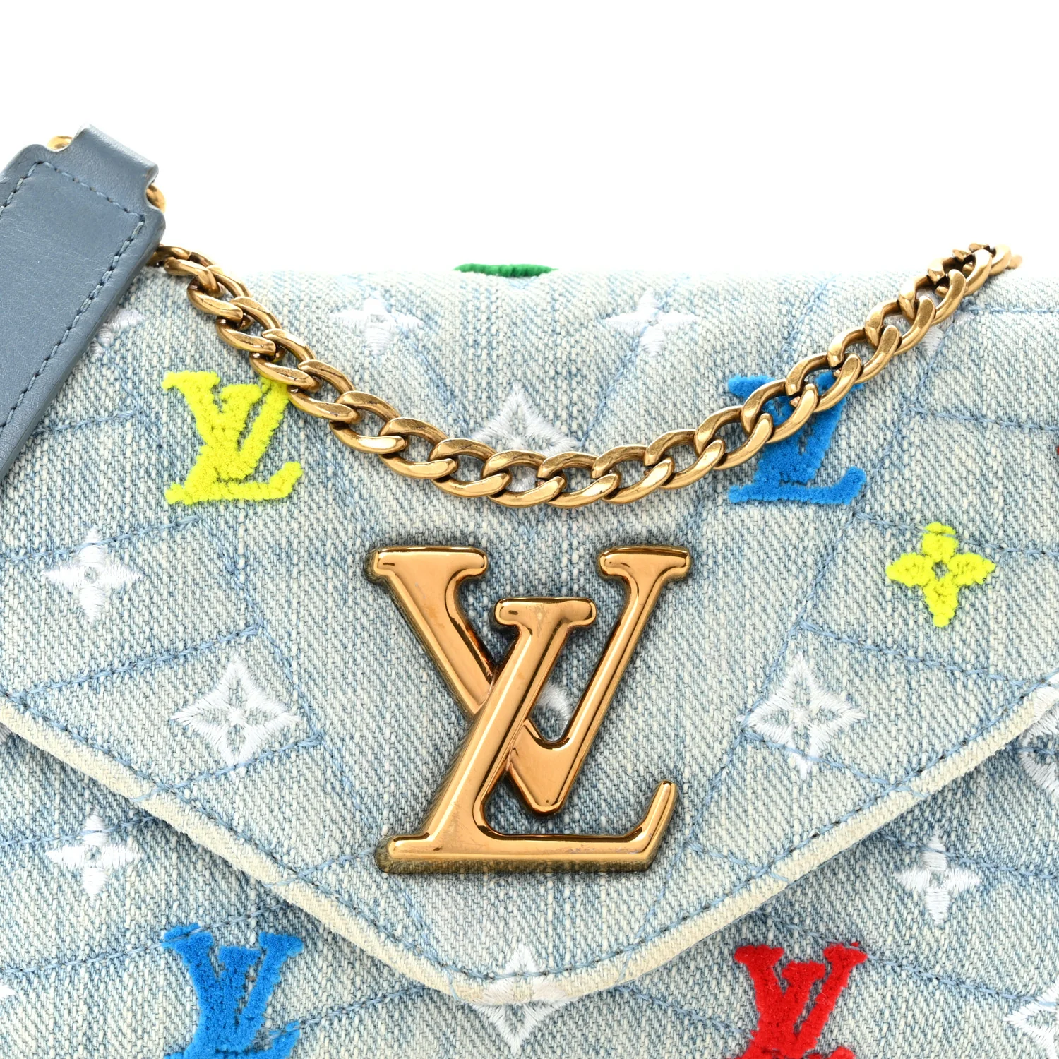 Embroidered Monogram Denim New Wave Chain Pochette Blue - Top Club