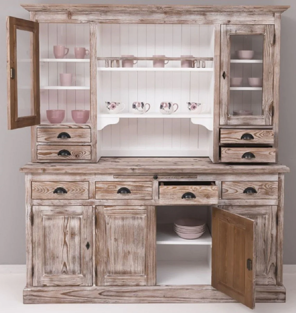Country house style dining room cabinet brown / white 180 x 50 x H. 197 cm - solid wood kitchen cabinet - dining room furniture in country house style - country house style dining room furnishings