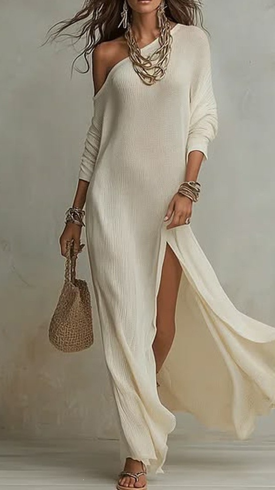 Women's Elegant Long-Sleeve Knitted Dress with Pleats and Slit - Nordfashionstorm - Women's Clothing, Fashion for You - Nordfashionstorm.com