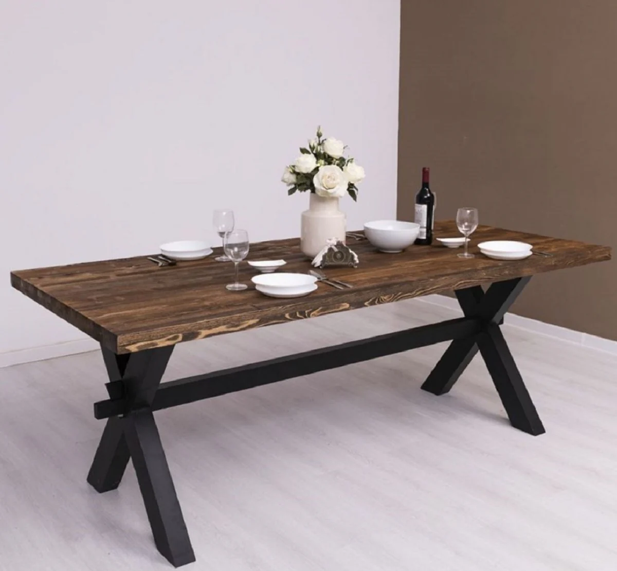 Country house style dining table dark brown / black 210 x 90 x H. 78 cm - solid wood kitchen table - country house style dining room furniture