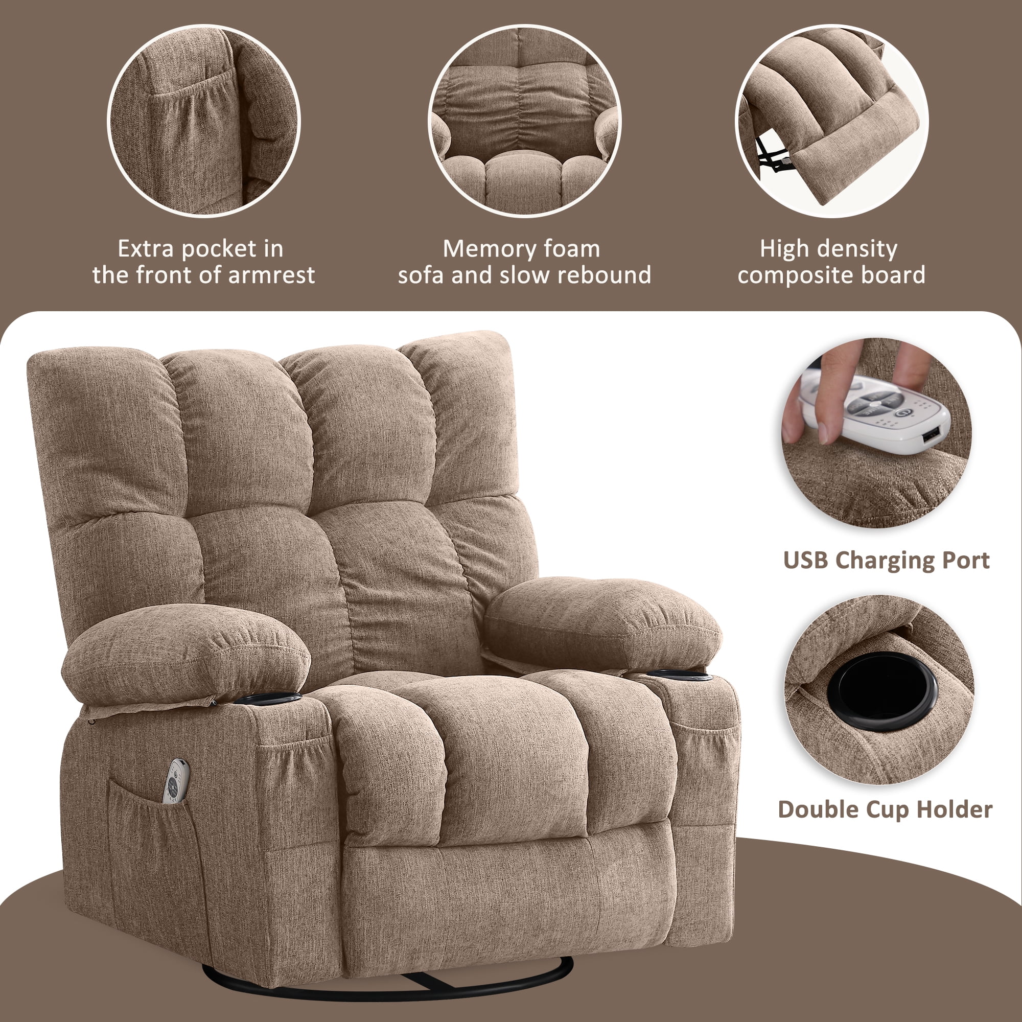 JONPONY Manual Recliner Chair with Heat Therapy and Massage Function, Heavy Duty Reclining Mechanism Massage Chair, Elderly Single Rocker Sofa with Cup Holders for Bedroom Home Theater, Grey