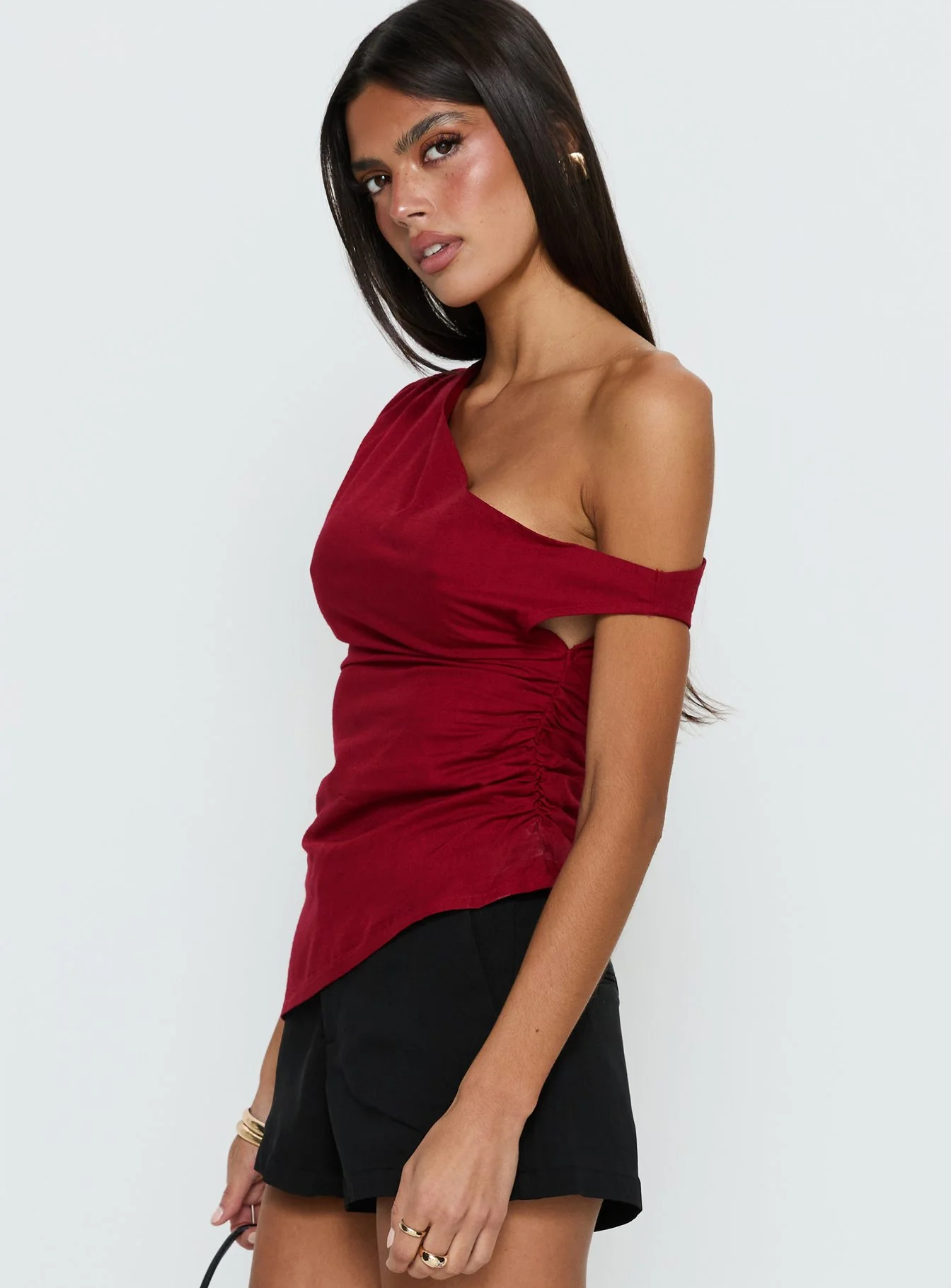 Kaylani One Shoulder Drape Top Burgundy