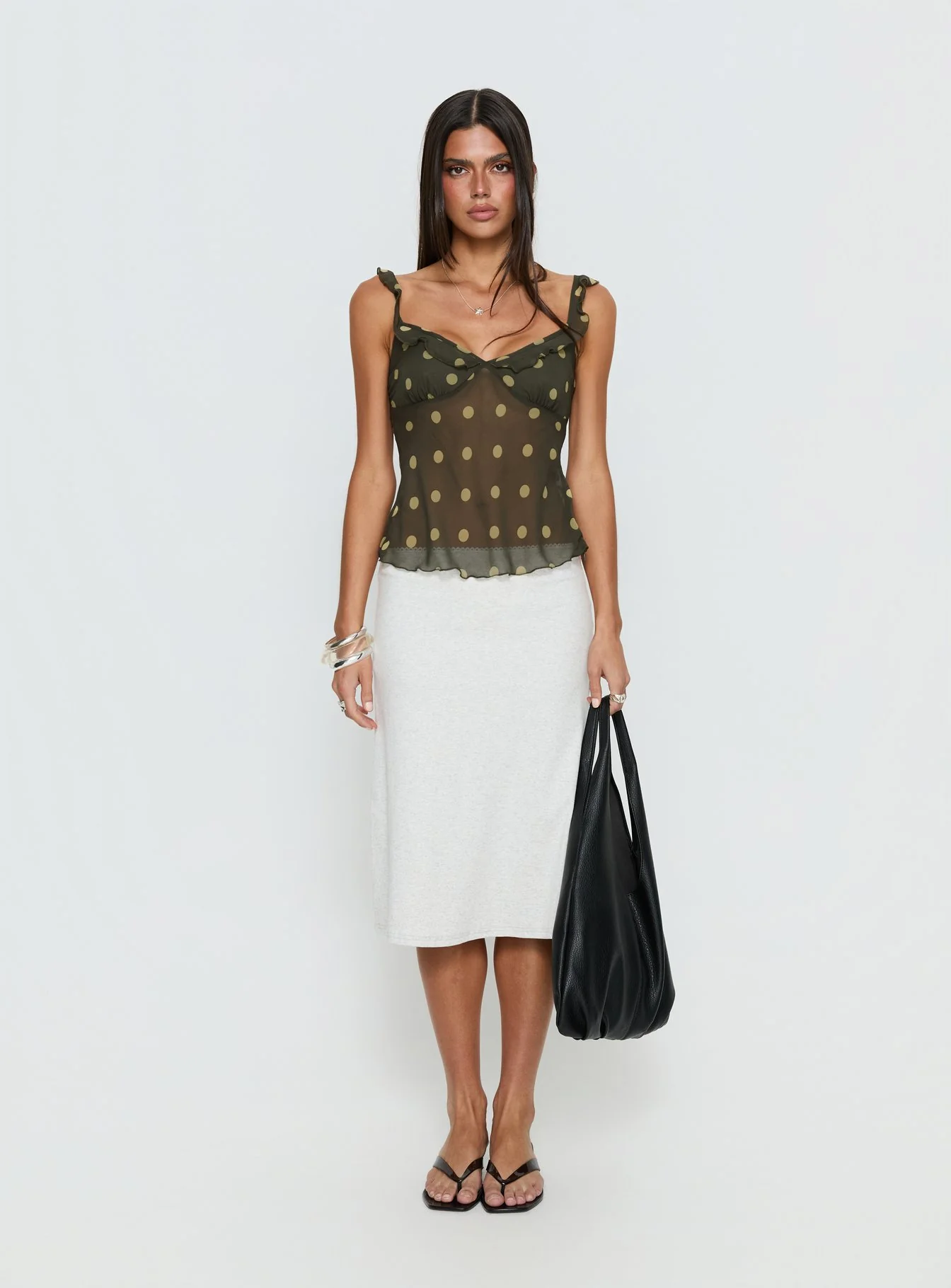 Zayliah Frill Detail Top Green Polka