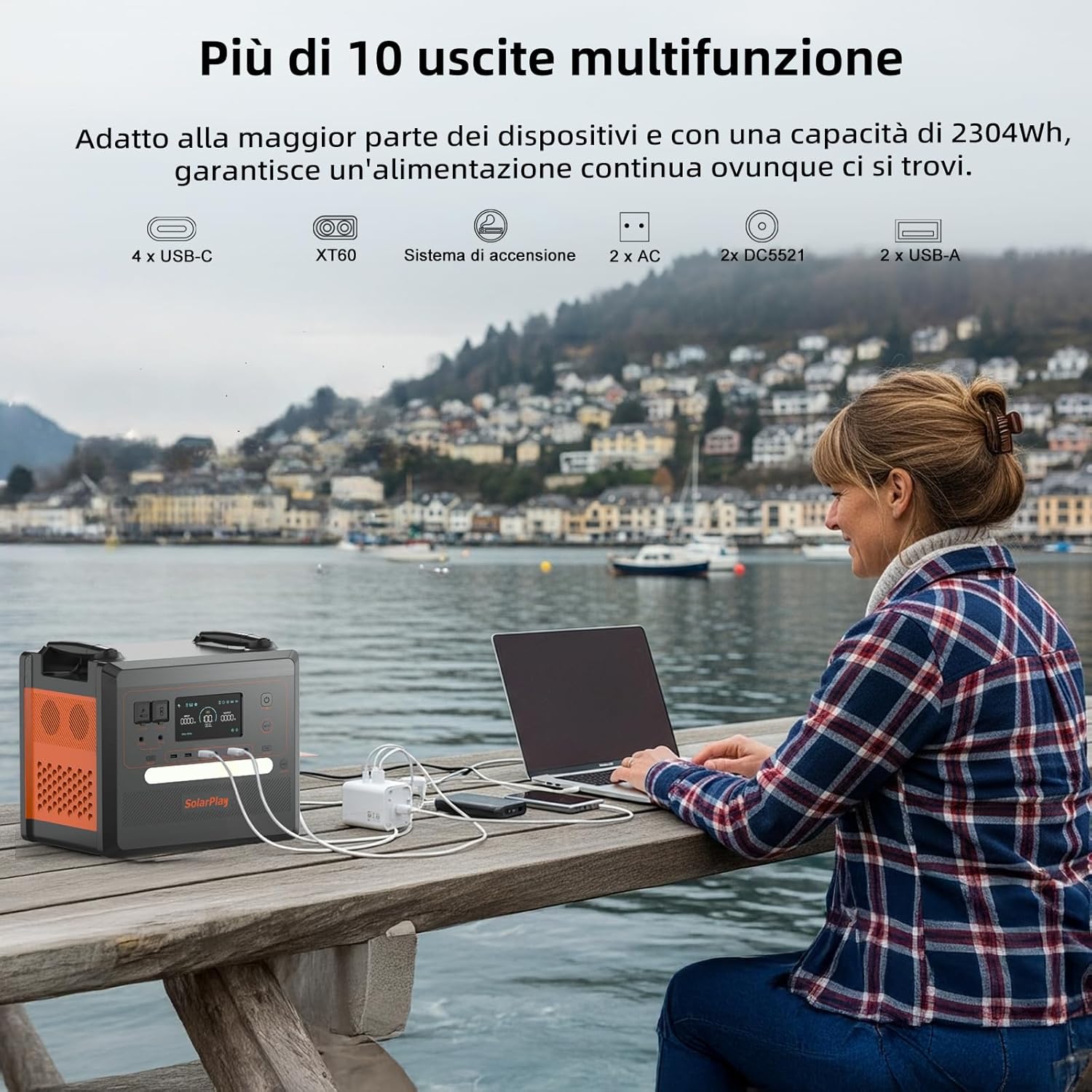 SOLARPLAY Centrale Elettrica Portatile Q2402M, 2300Wh LiFePO4 Batteria, 2500W (5000W Picco) AC Uscita, per Camping Car, Strada, Emergenza Elettricità per Campeggio, Fuori Rete,Generatore Solare