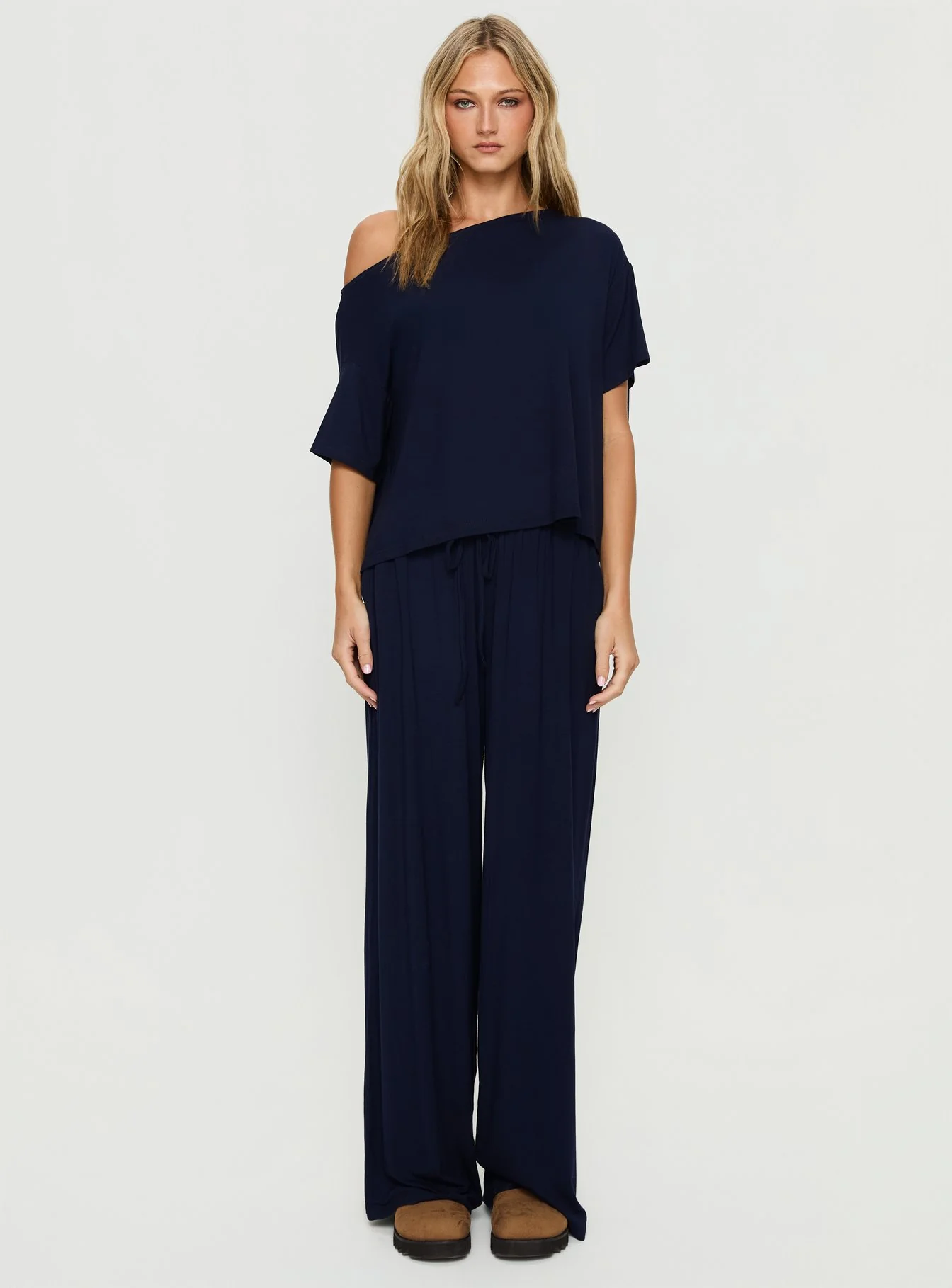 Cozy Hour Sleep Relaxed Off Shoulder Top Navy