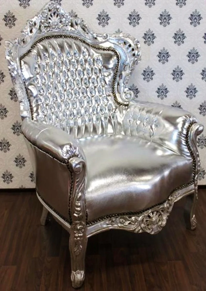 Baroque armchair King silver/silver leather look - furniture antique style