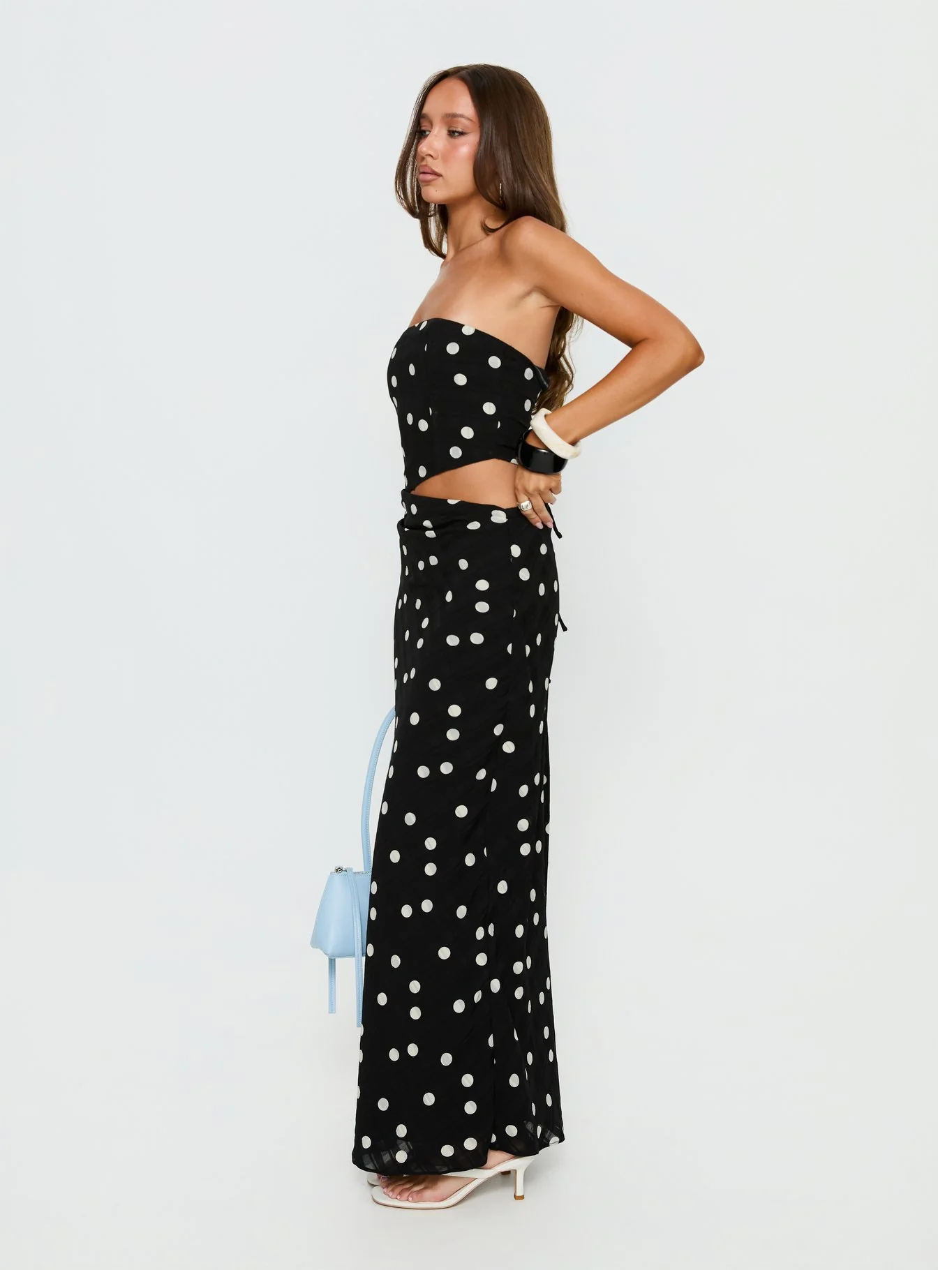 Jasira Strapless Drape Maxi Dress Black Polka Dot