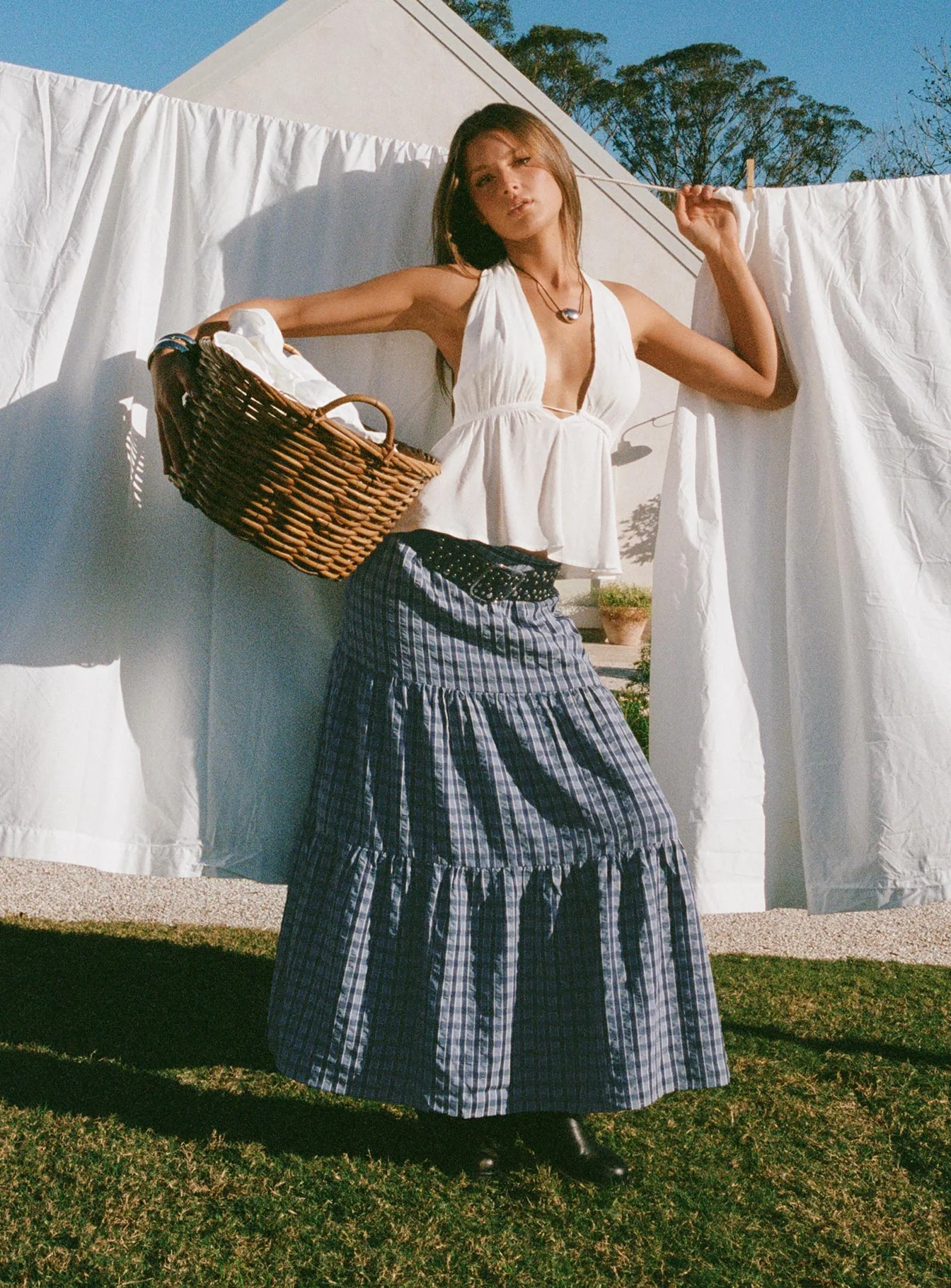 Rockwell Tiered Midi Skirt Navy Check