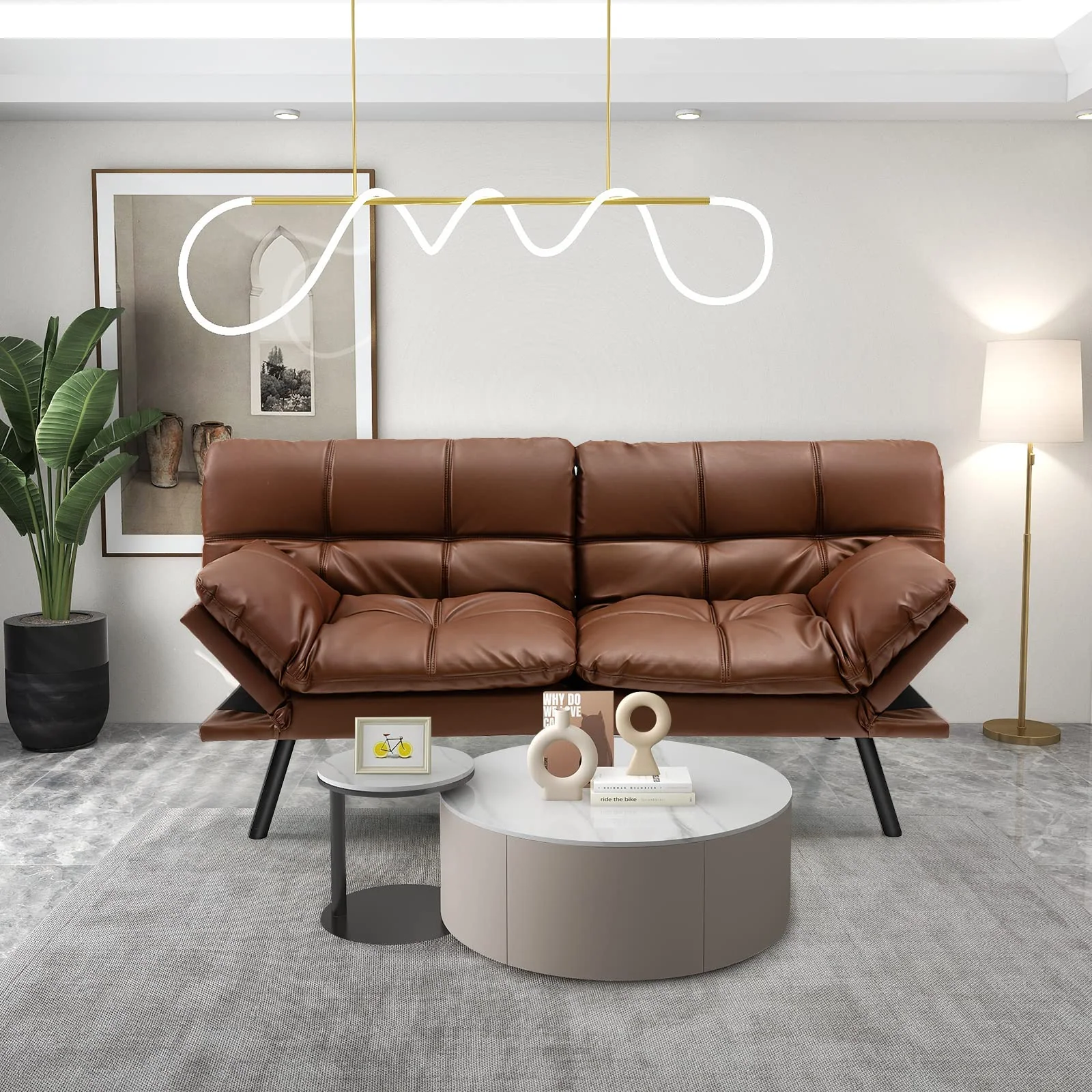 BEFOUNDLOVELY Futon Sofa Bed, Faux Leather Memory Foam Convertible Futon Couch with Adjustable Backrest & Armrests