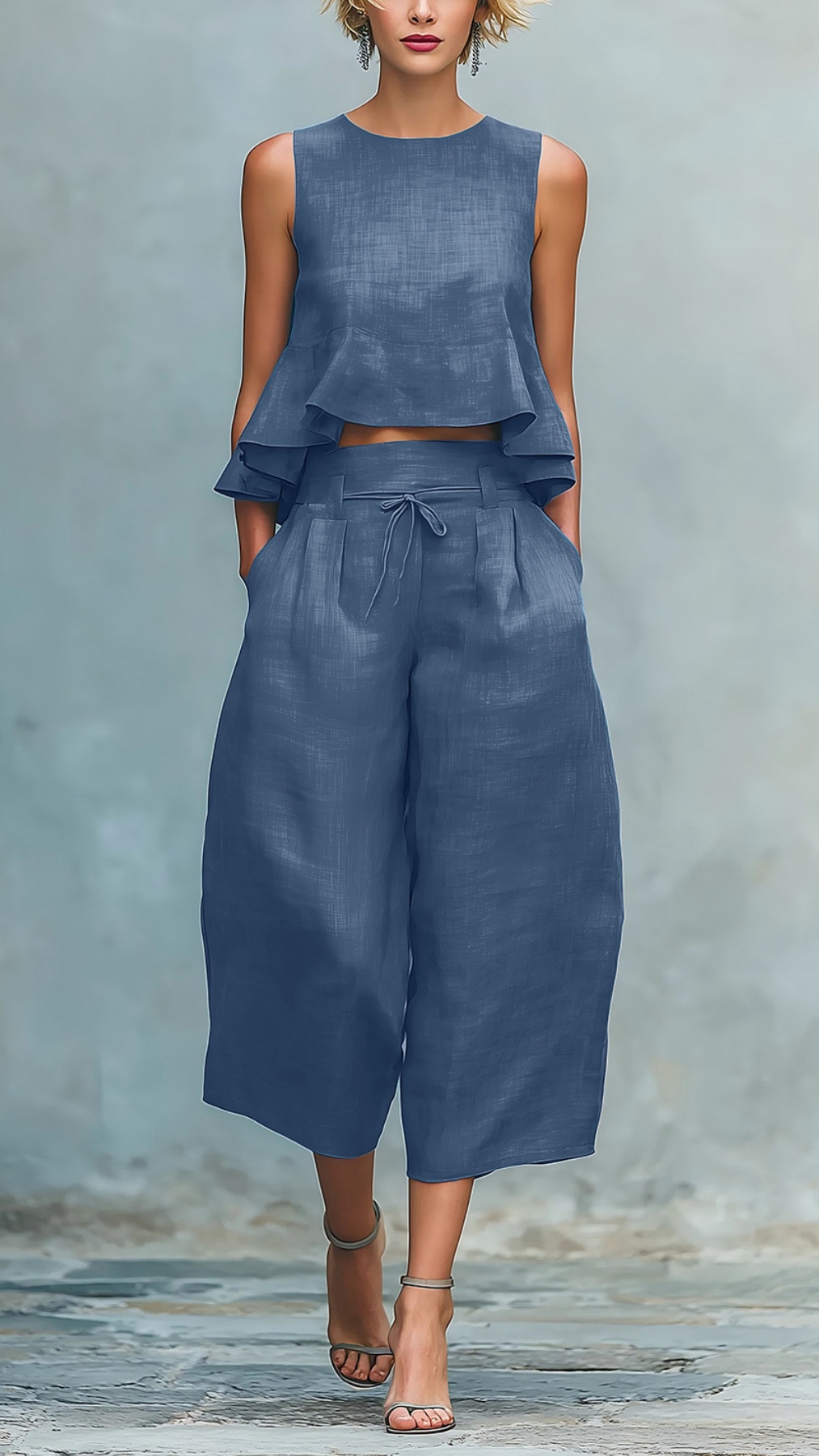 Women's two-piece linen blend set with ruffled trim. - Nordfashionstorm - Women's Clothing, Fashion for You - Nordfashionstorm.com