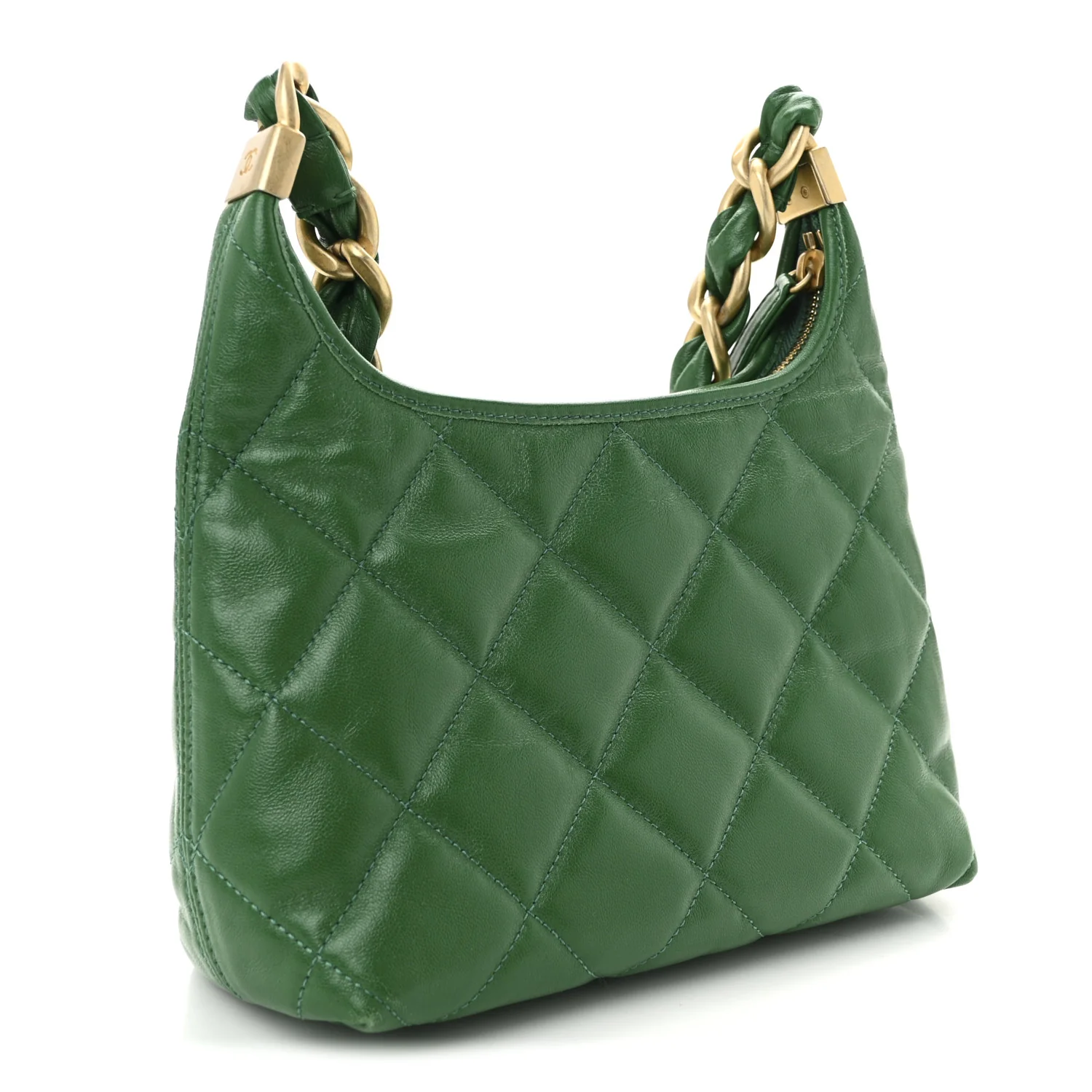 Shiny Crumpled Lambskin Quilted Small CC Funky Town Hobo Green - Top Club