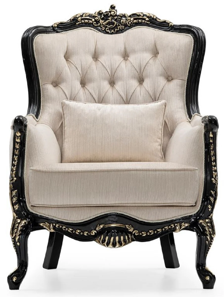 Luxury Baroque Living Room Set Cream / Black / Gold - 2 Sofas & 2 Armchairs & 1 Coffee Table - Handcrafted Living Room Furniture in Baroque Style - Noble & Magnificent