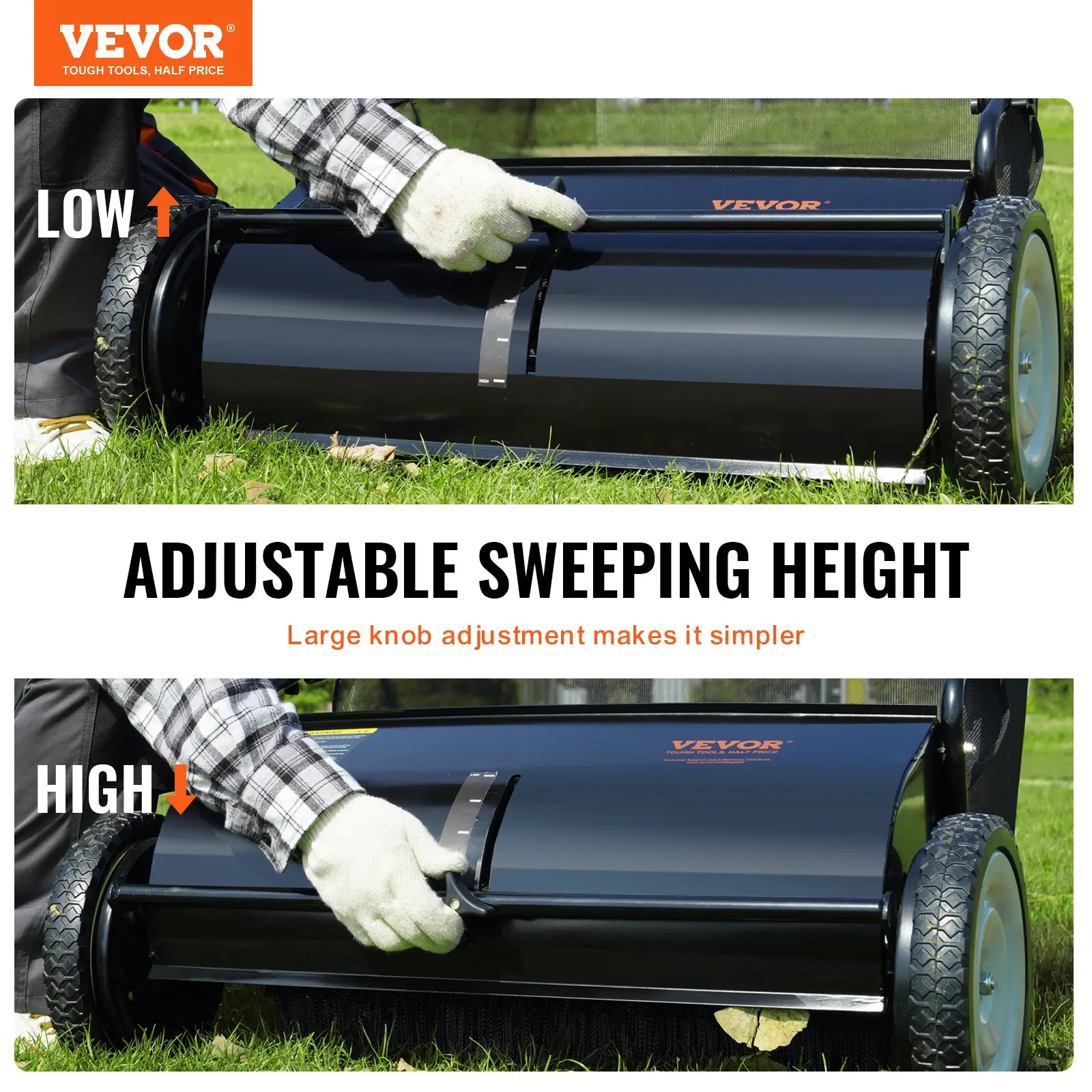 【Summerfinds】VEVOR Push Lawn Sweeper 26 Inch Leaf & Grass Collector Strong Rubber Wheels & Heavy Duty Thickened Steel Durable to Use with Large Capacity 7 ft³ Mesh Collection Bag 4 Spinning Brushes