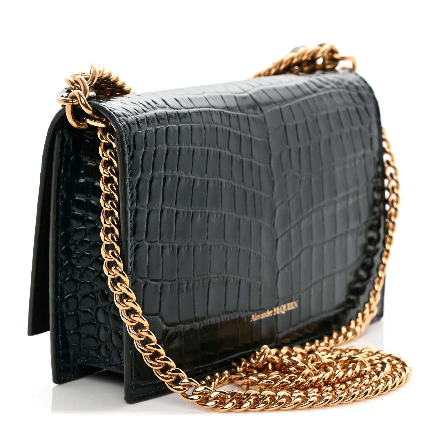 Glazed Calfskin Crocodile Embossed Small Skull Shoulder Bag Green - Top Club