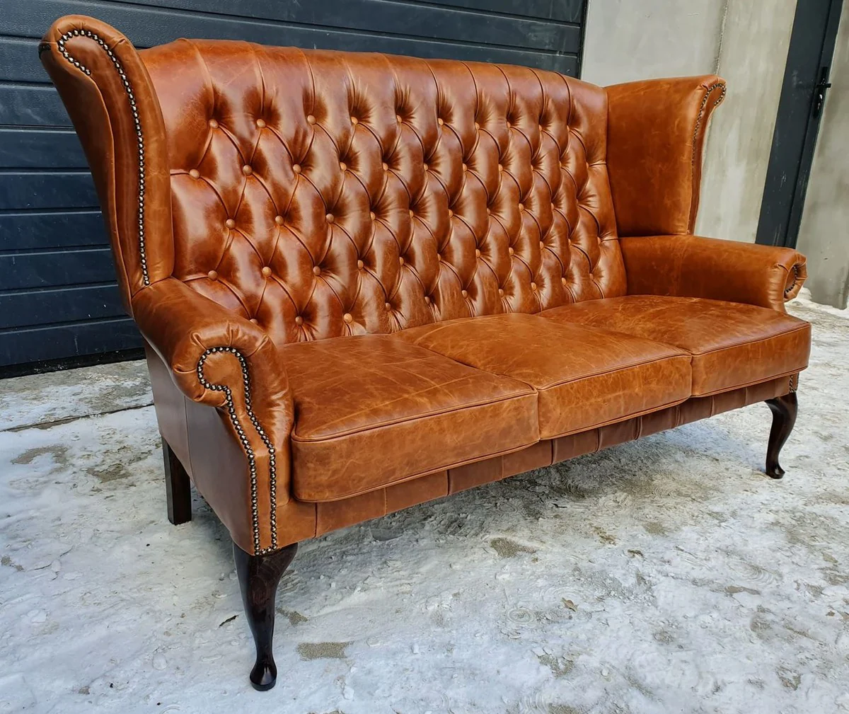 Luxury Chesterfield genuine leather high-back wing sofa vintage brown / dark brown 183 cm - genuine leather furniture