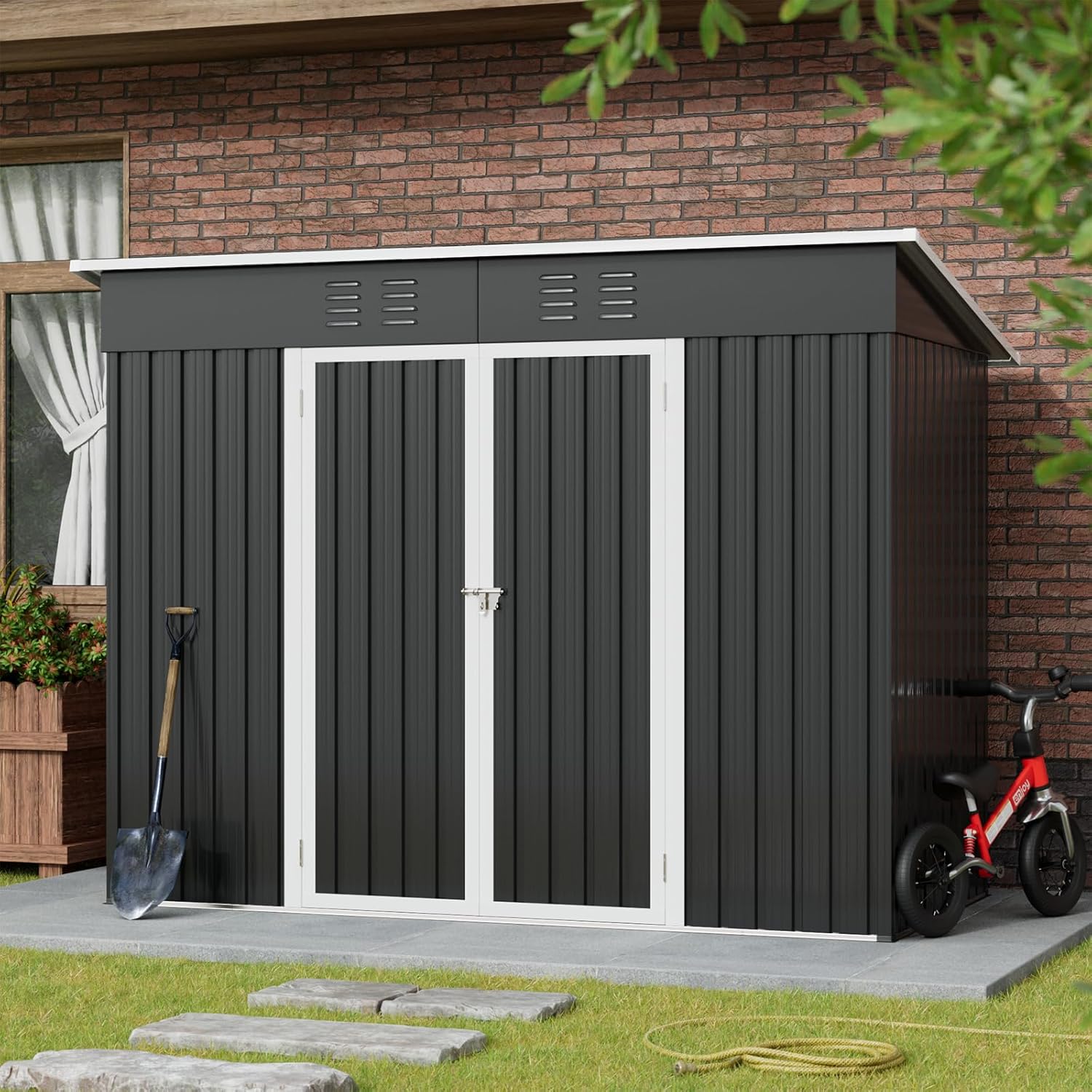 Amopatio Casetta da giardino con tetto spiovente, 228 x 109 x 182 cm, casetta da giardino in metallo con porta, copertura zincata da giardino in metallo con cornice，Nero