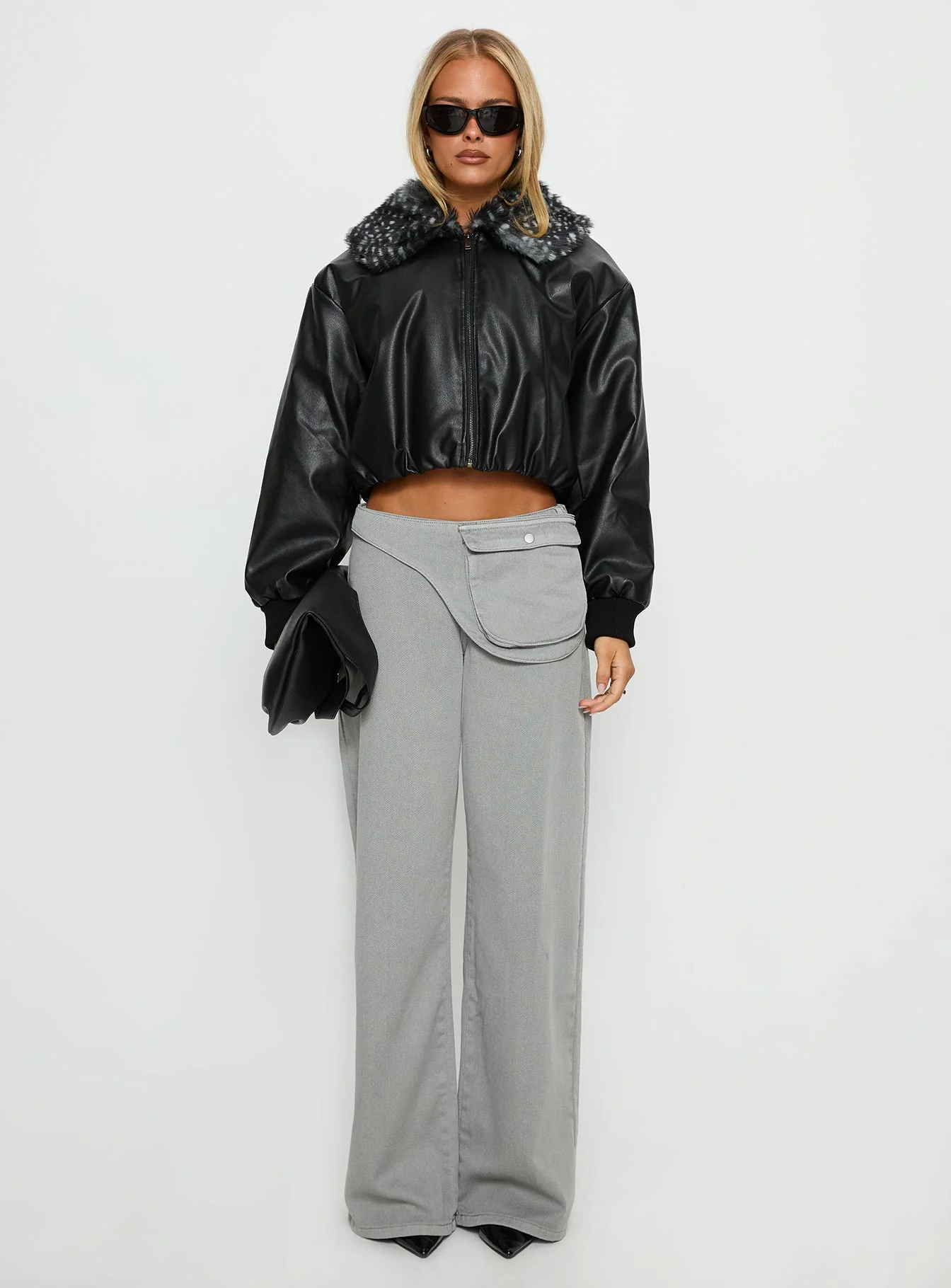 Koemi Faux Leather Collared Jacket Black