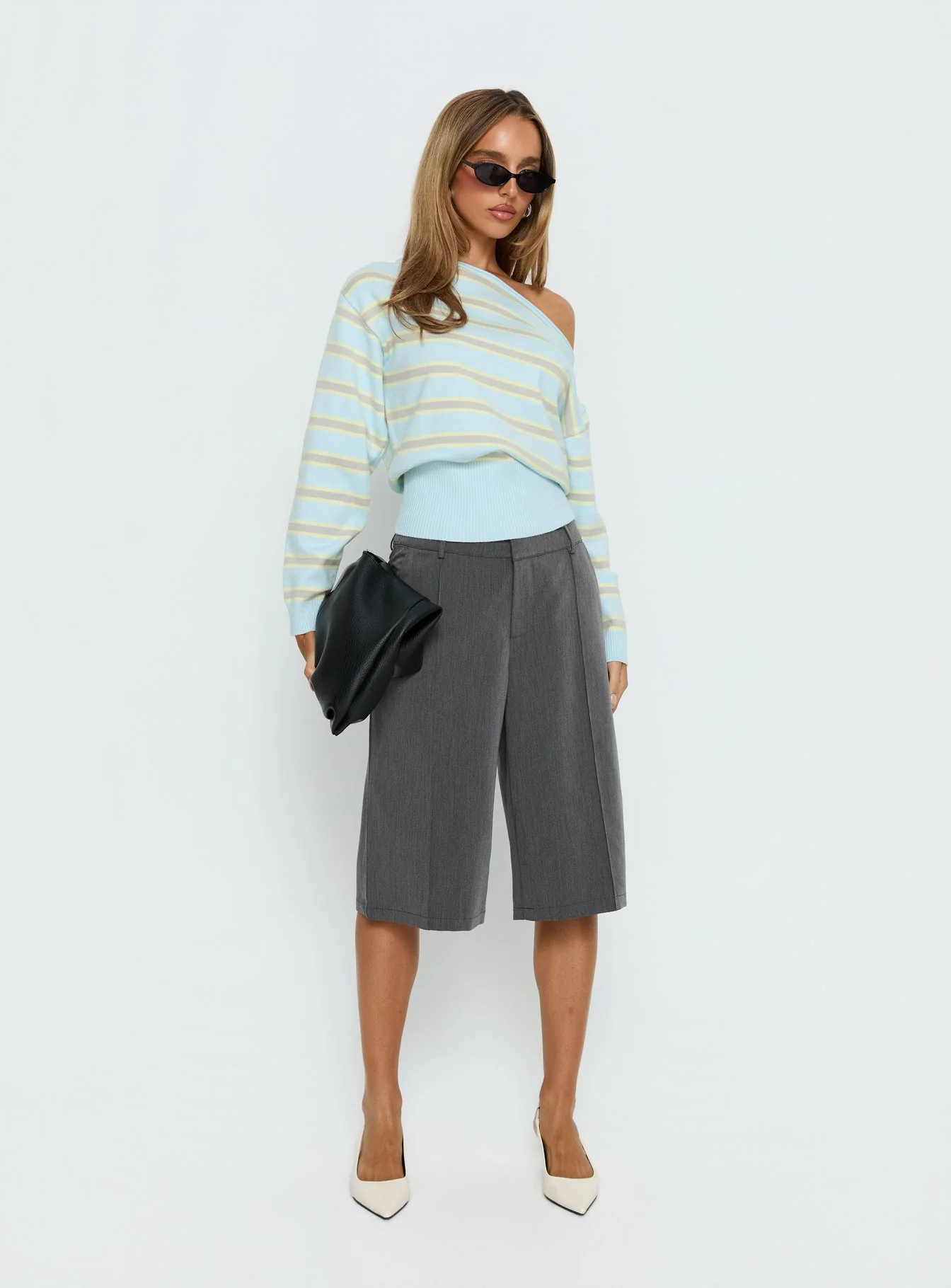Zinia Off Shoulder Knit Sweater Grey / Blue Stripe