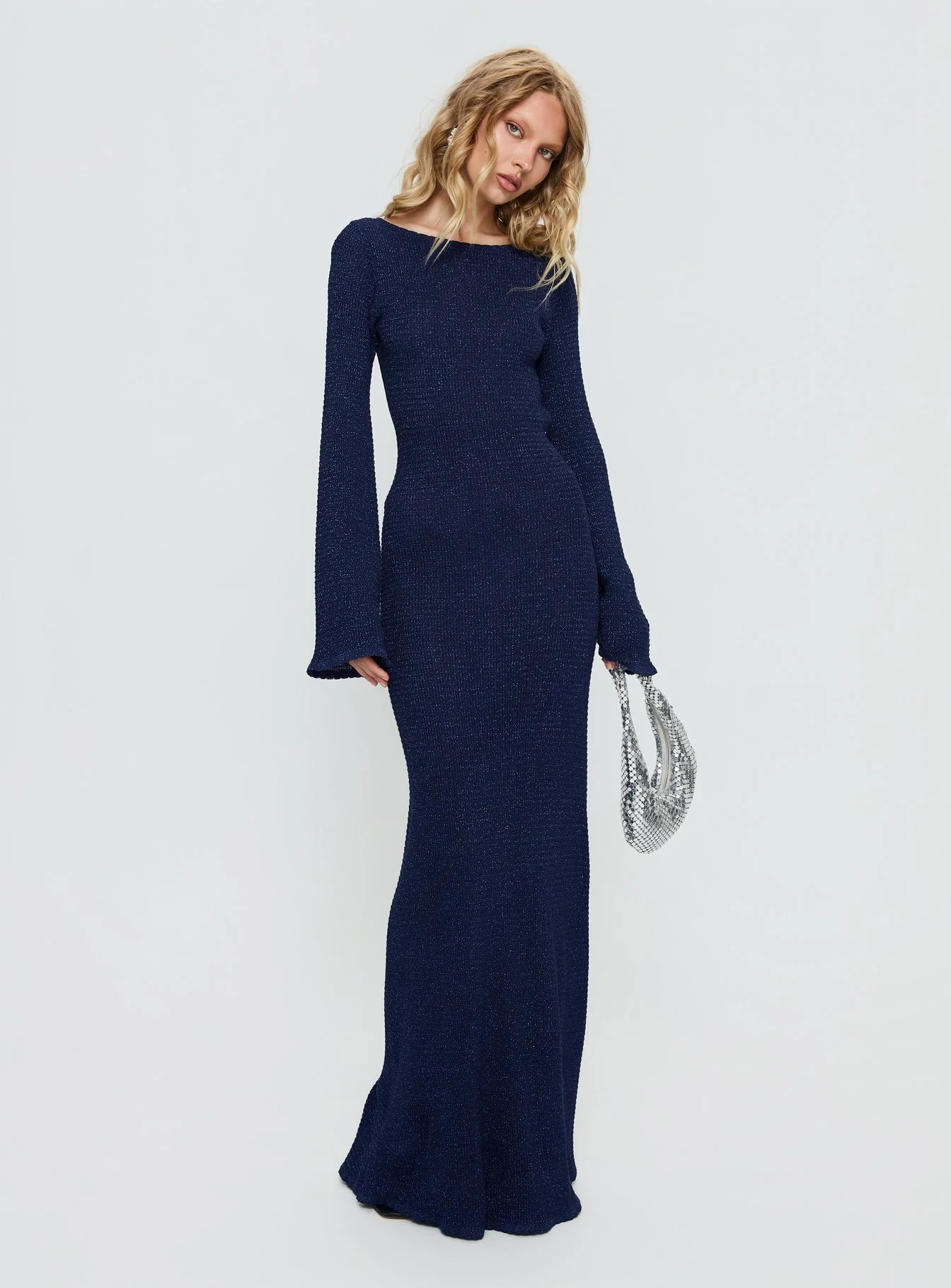 Rhapsody Long Sleeve Knit Maxi Dress Navy