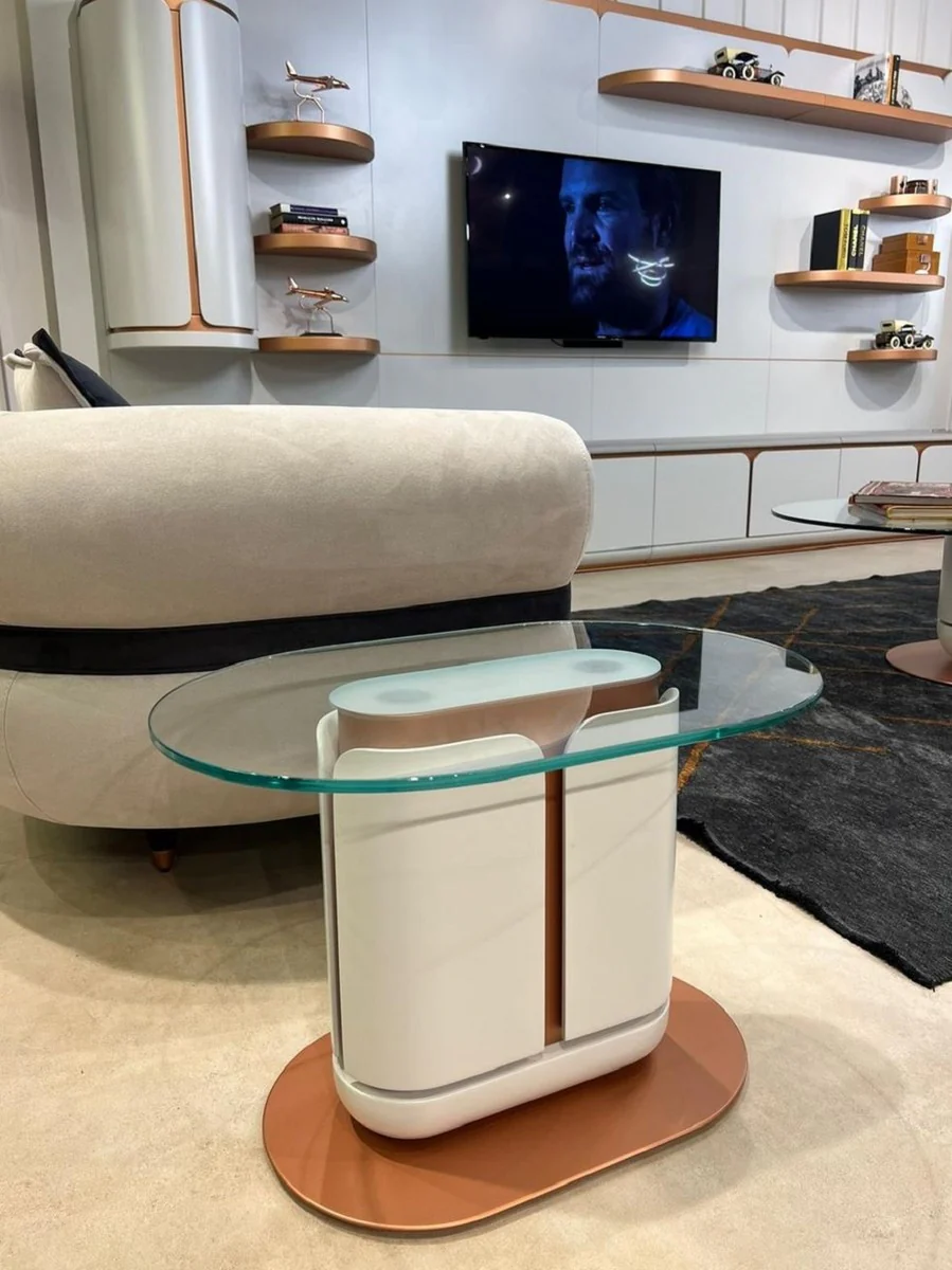 Luxury side table white / copper 60 x 40 x H. 40 cm - Oval table with glass top - Living room furniture - Hotel furniture - Luxury furniture