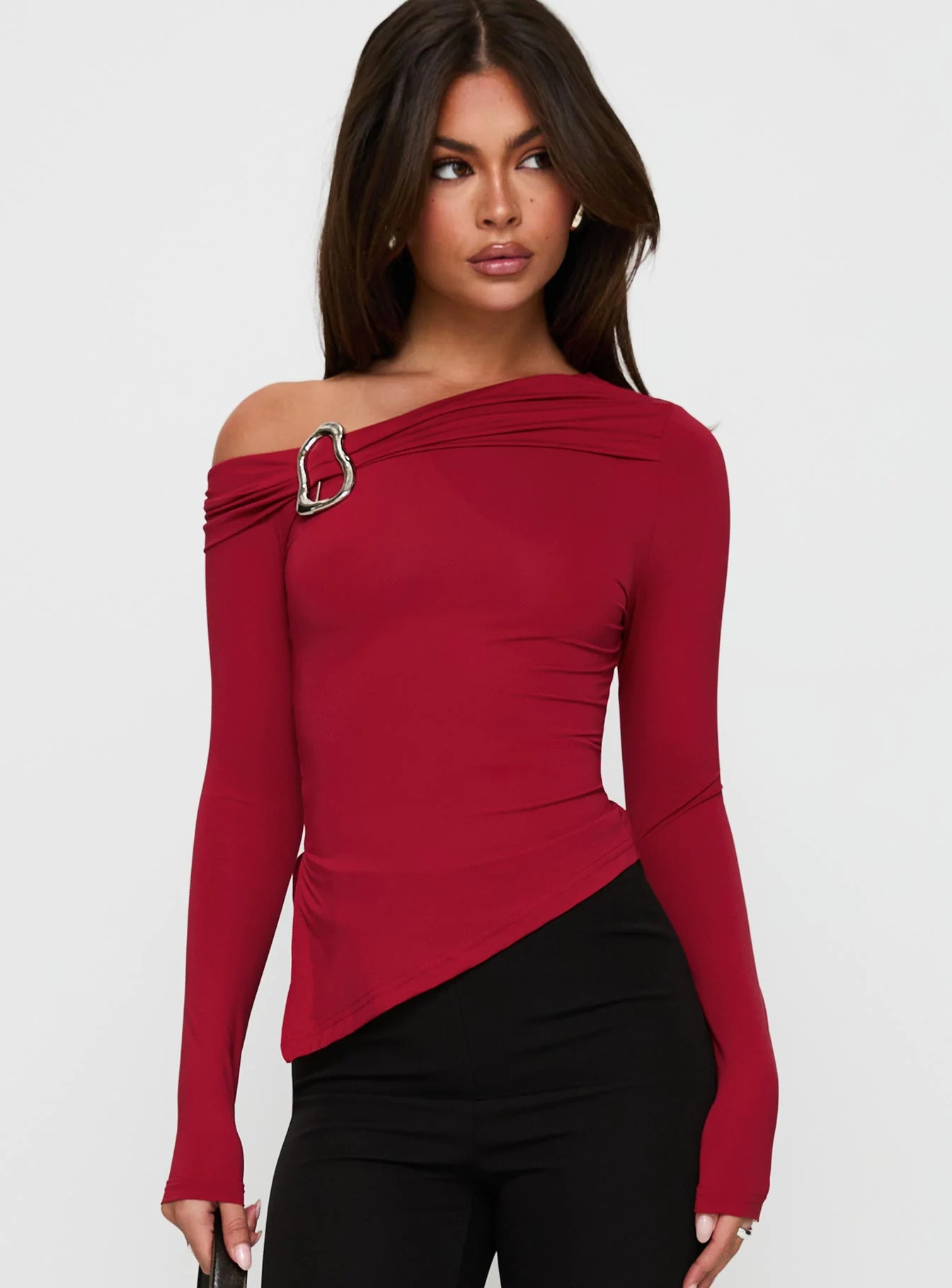 Donalla Off The Shoulder Hardware Detail Top Red