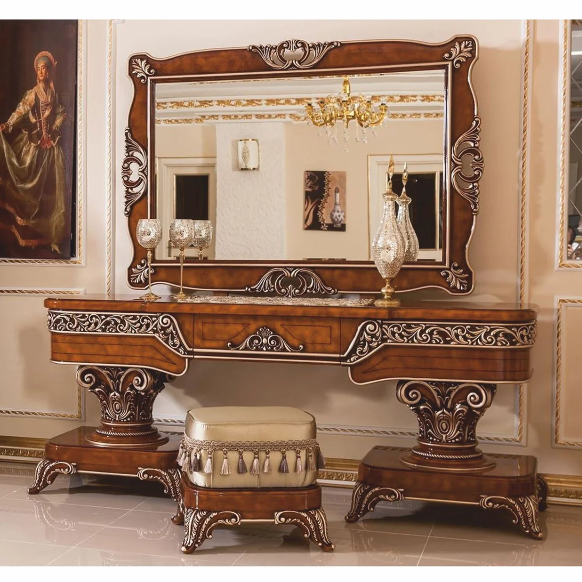 Luxury Baroque Dressing Table Set Brown / Bronze / Gold - Baroque Furniture